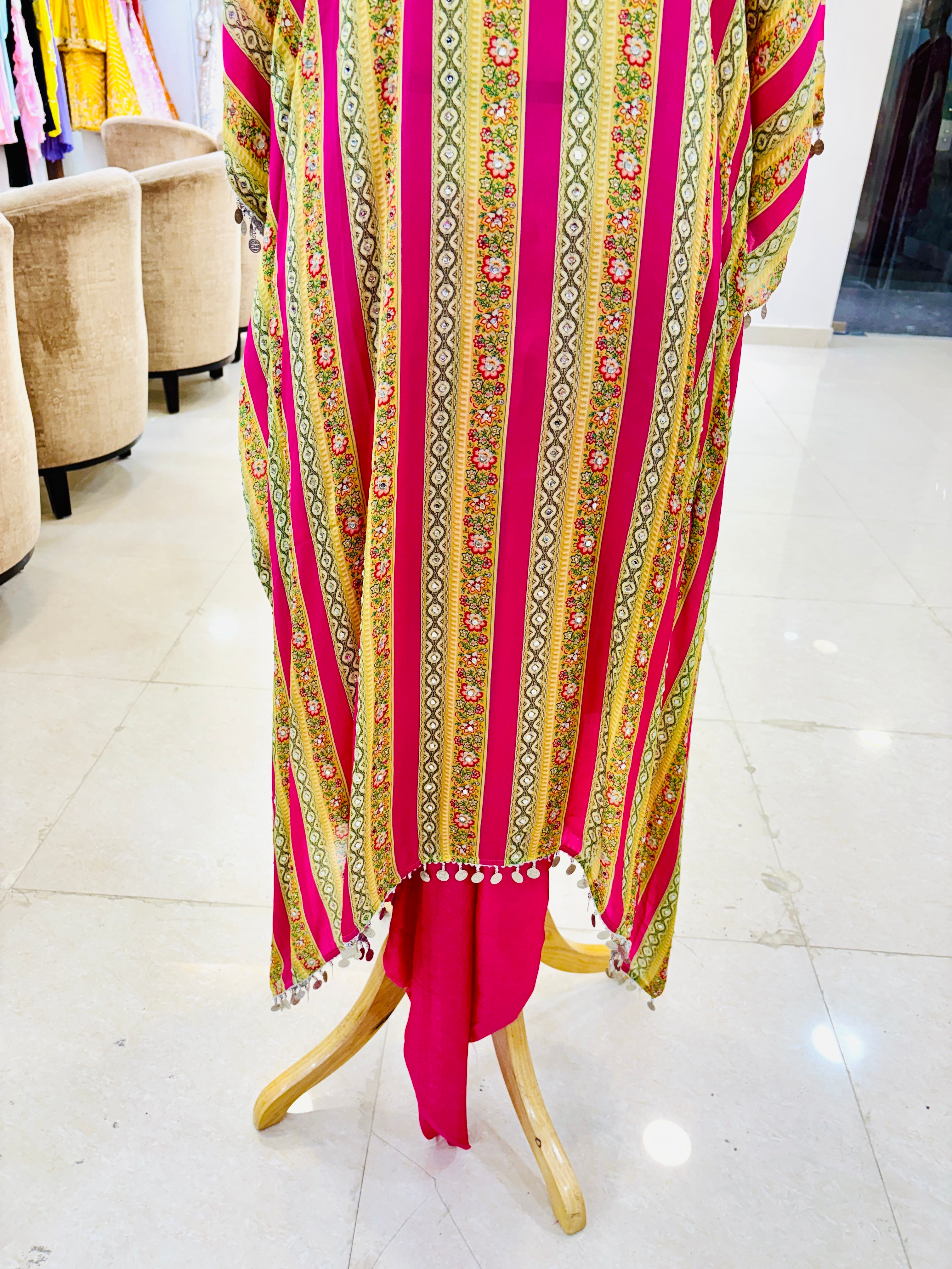 Mustard & Pink Printed Silk Kaftan Set