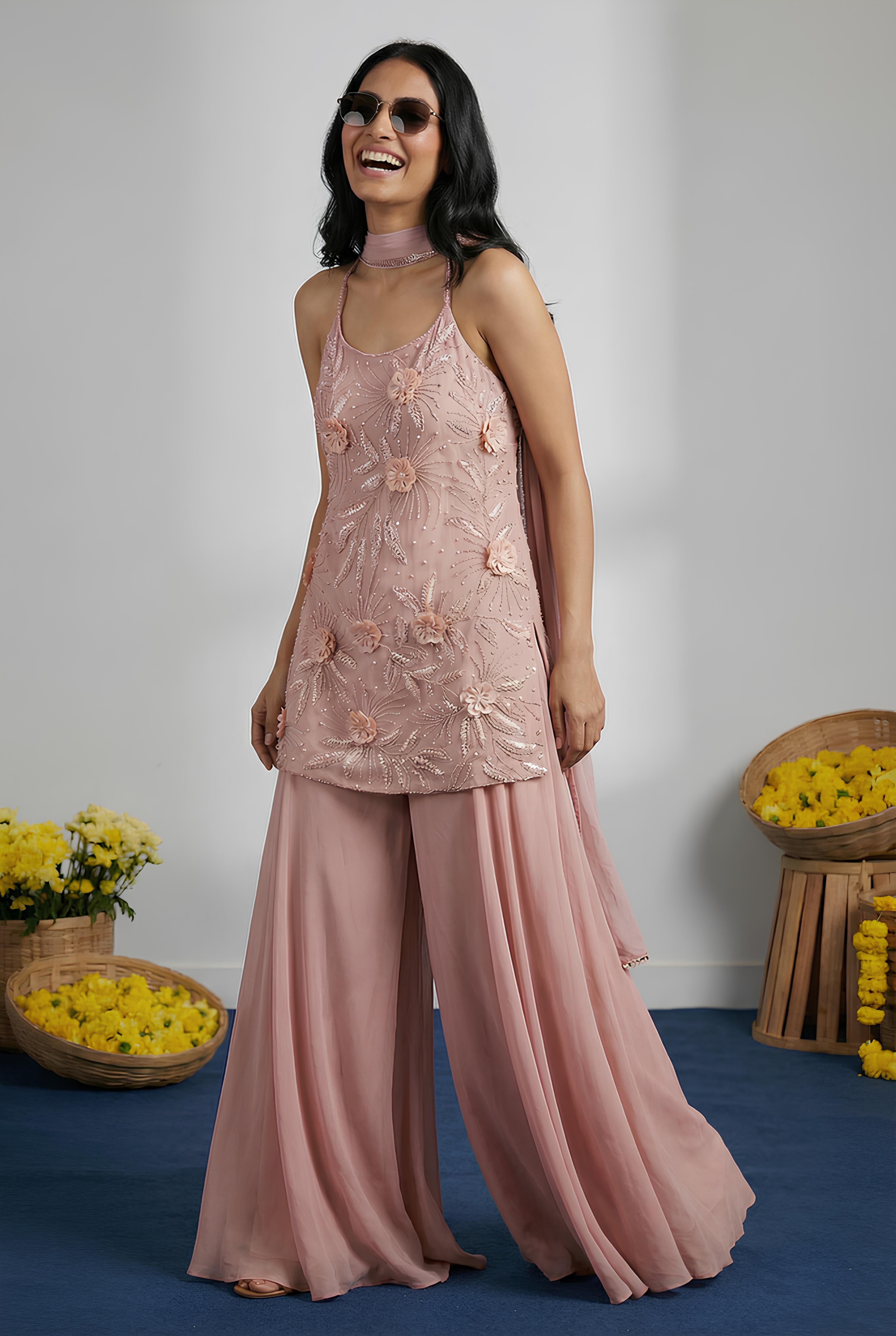 Light Peach Embroidered Top With Sharara Suit