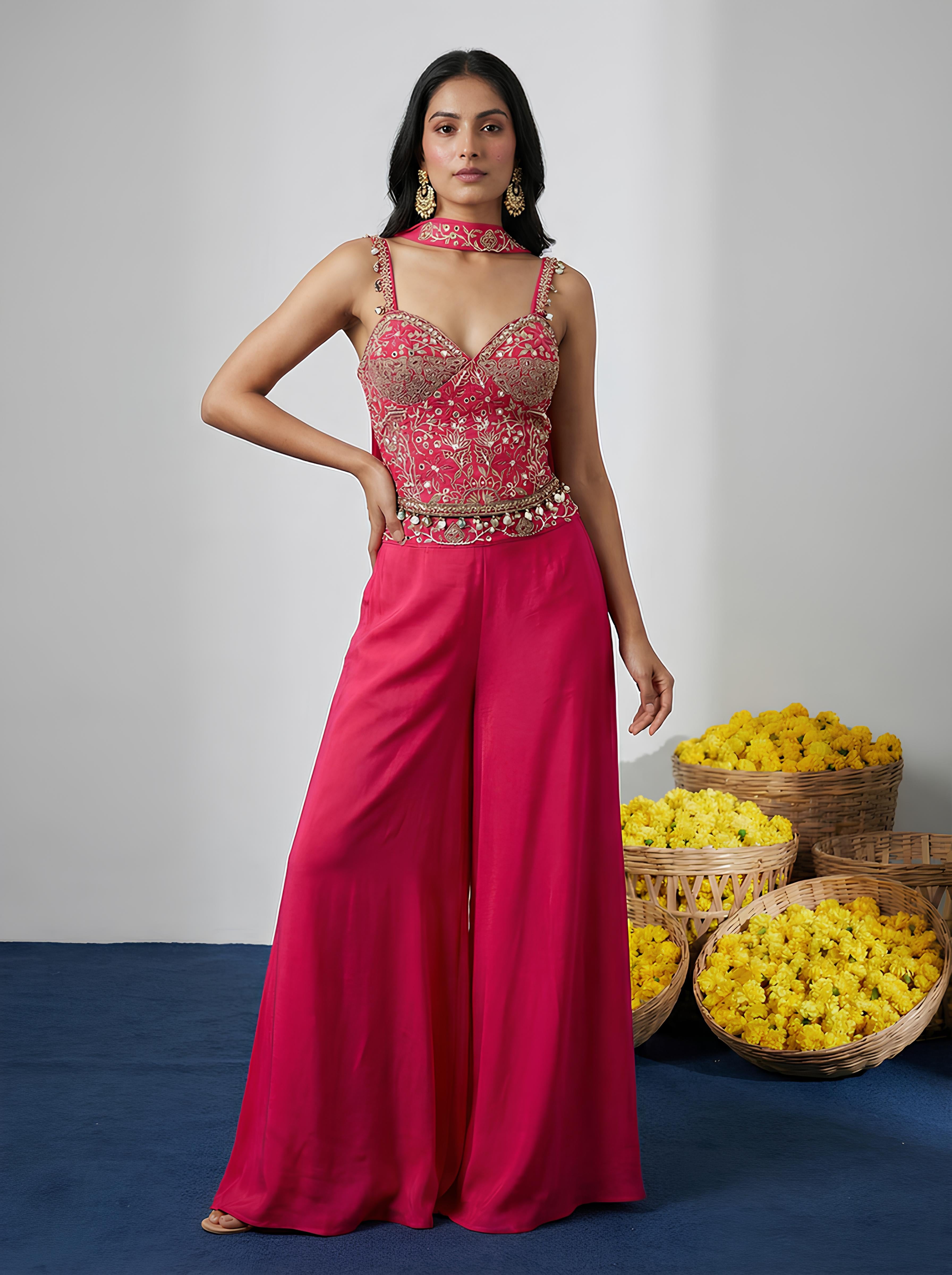 Dark Pink Corset Embroidered Top With Sharara Suit