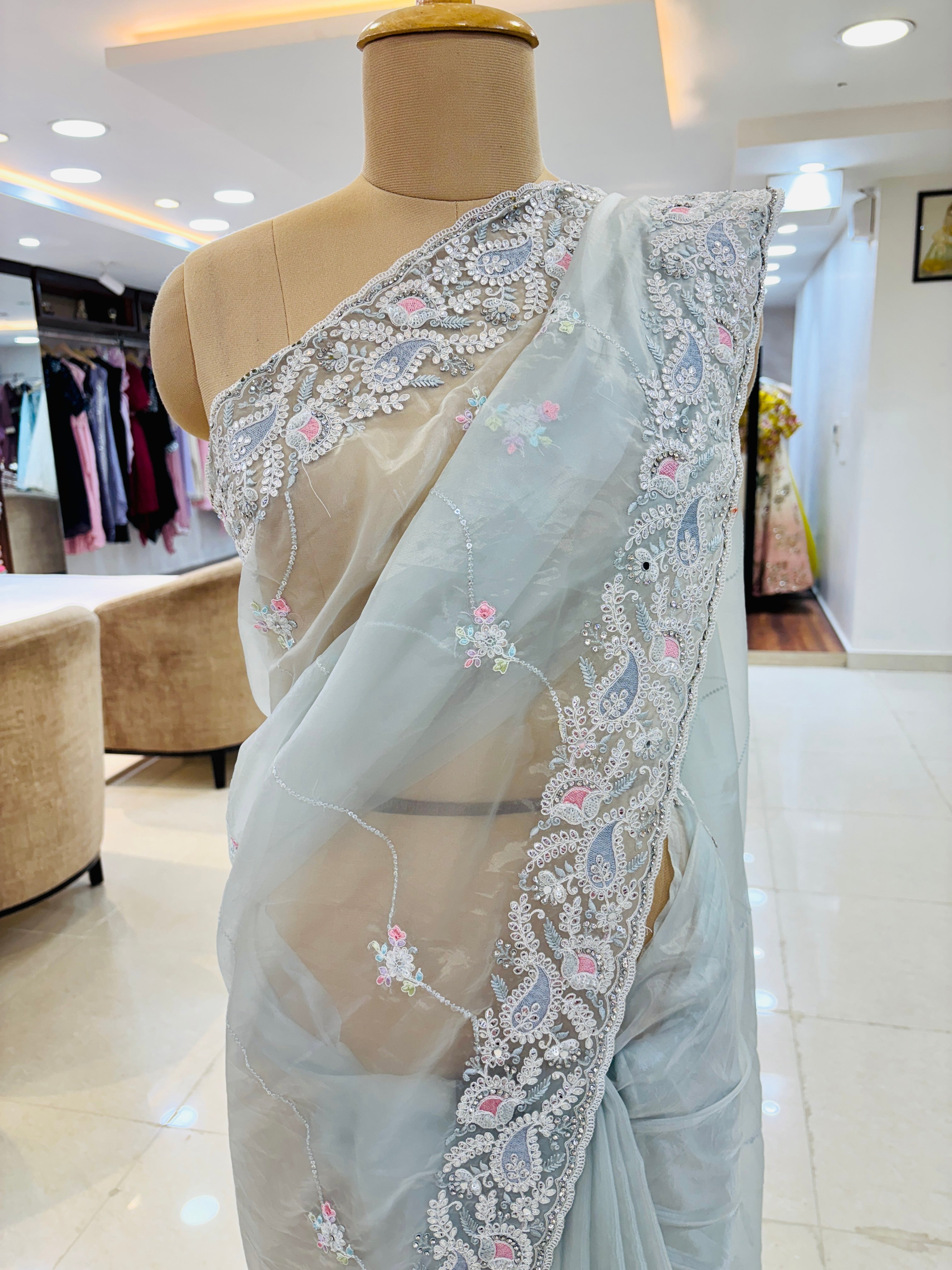 organza blue saree with thread work