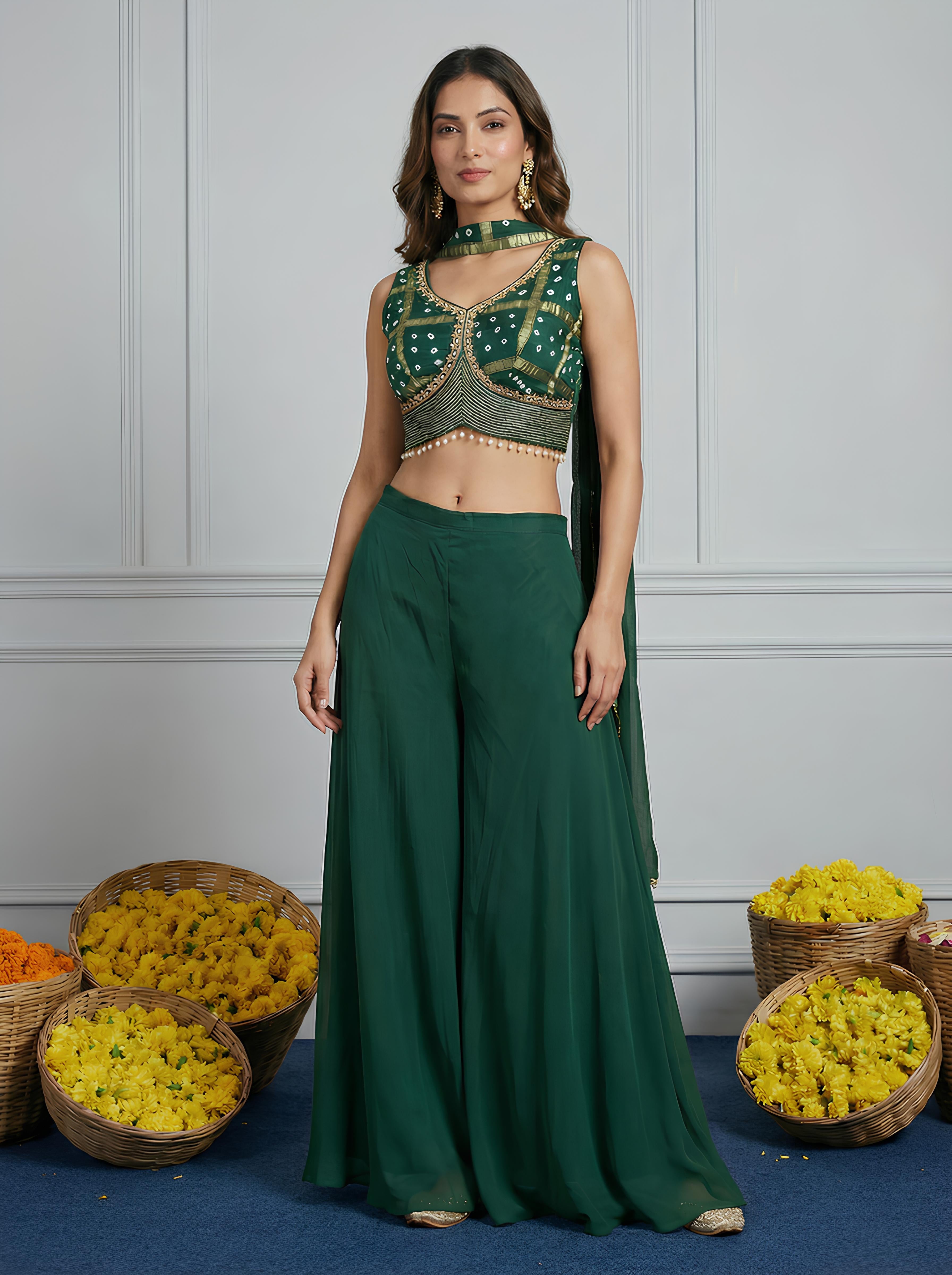 Green Bandhani Embroidered Top With Sharara Suit