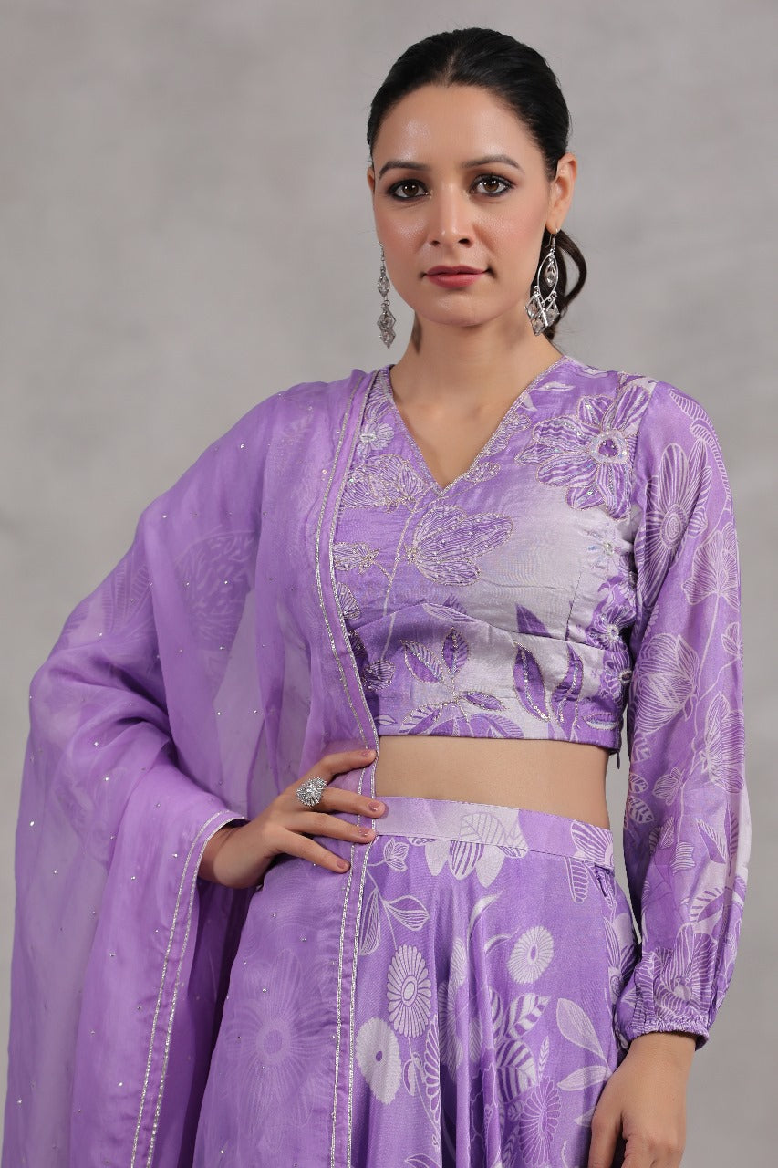 Light Purple Printed Chiffon Readymade Lehenga