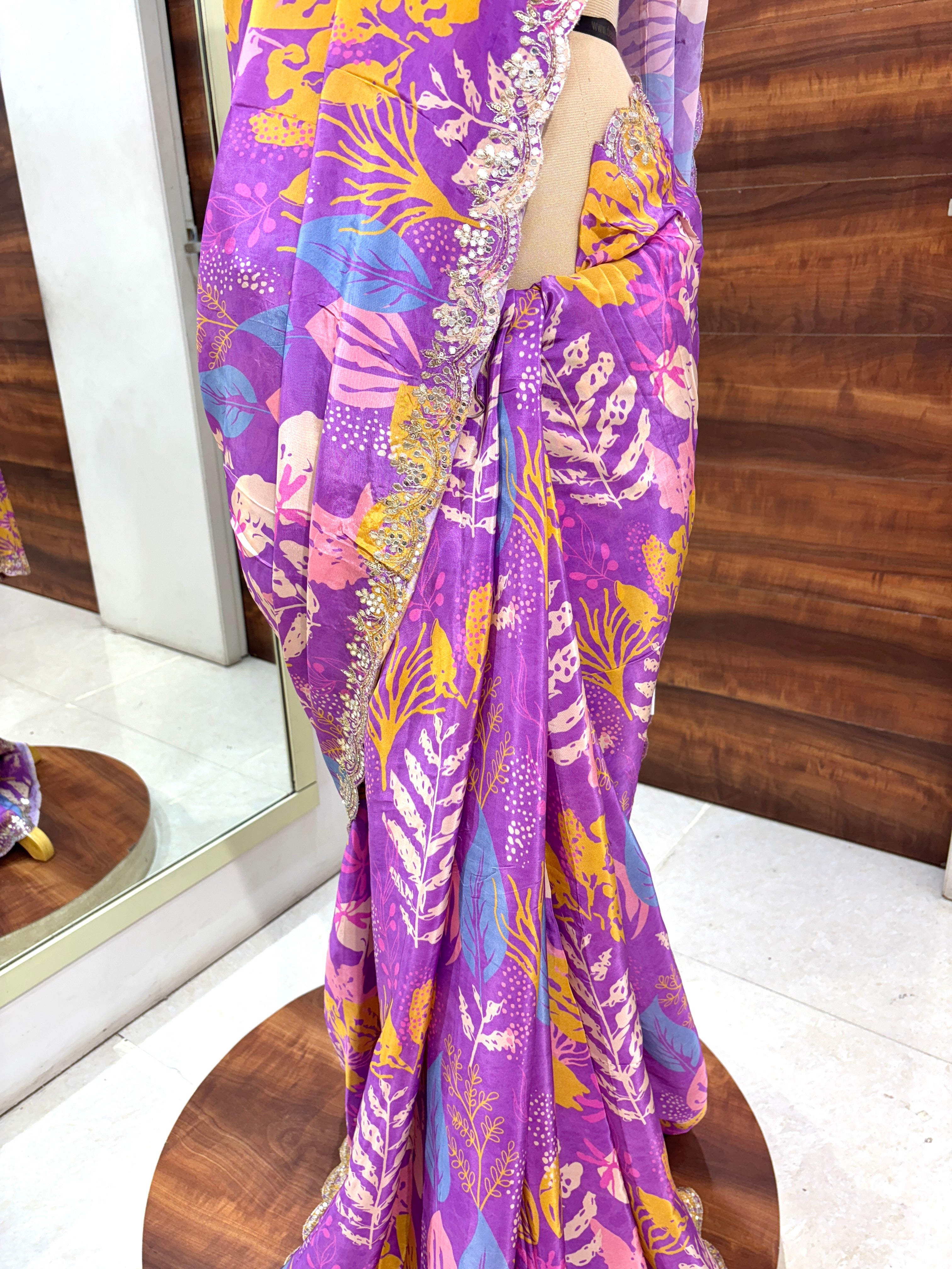 Purple Digital Print Satin Crepe Festive Saree