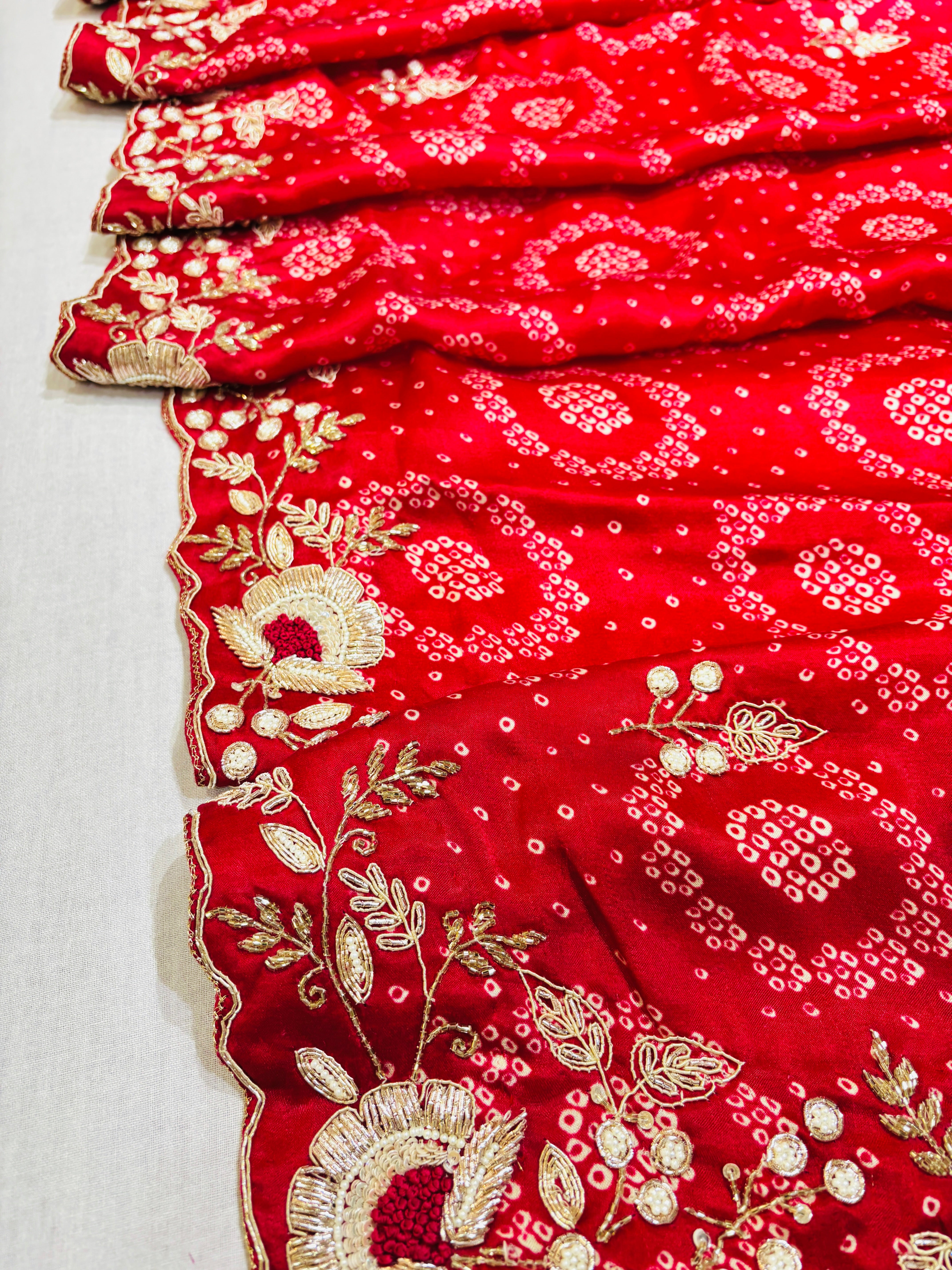 Red Bandhani Silk Hand Work Saree