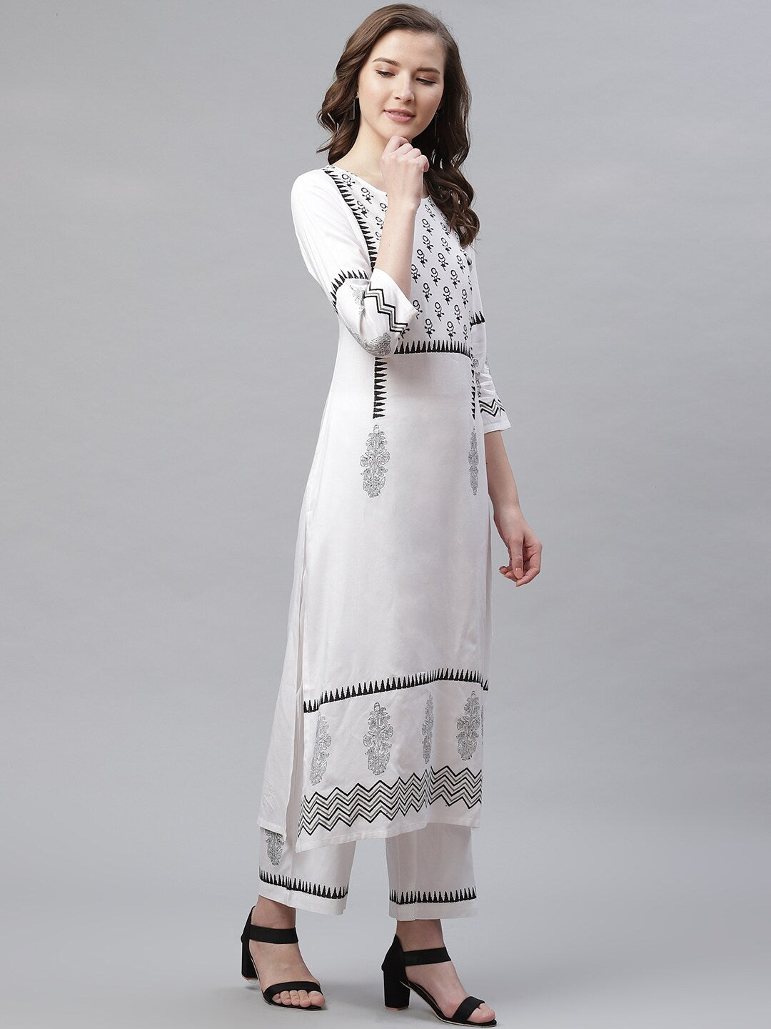 White Hand Block Italian Silk Kurta With Trouser & Dupatta