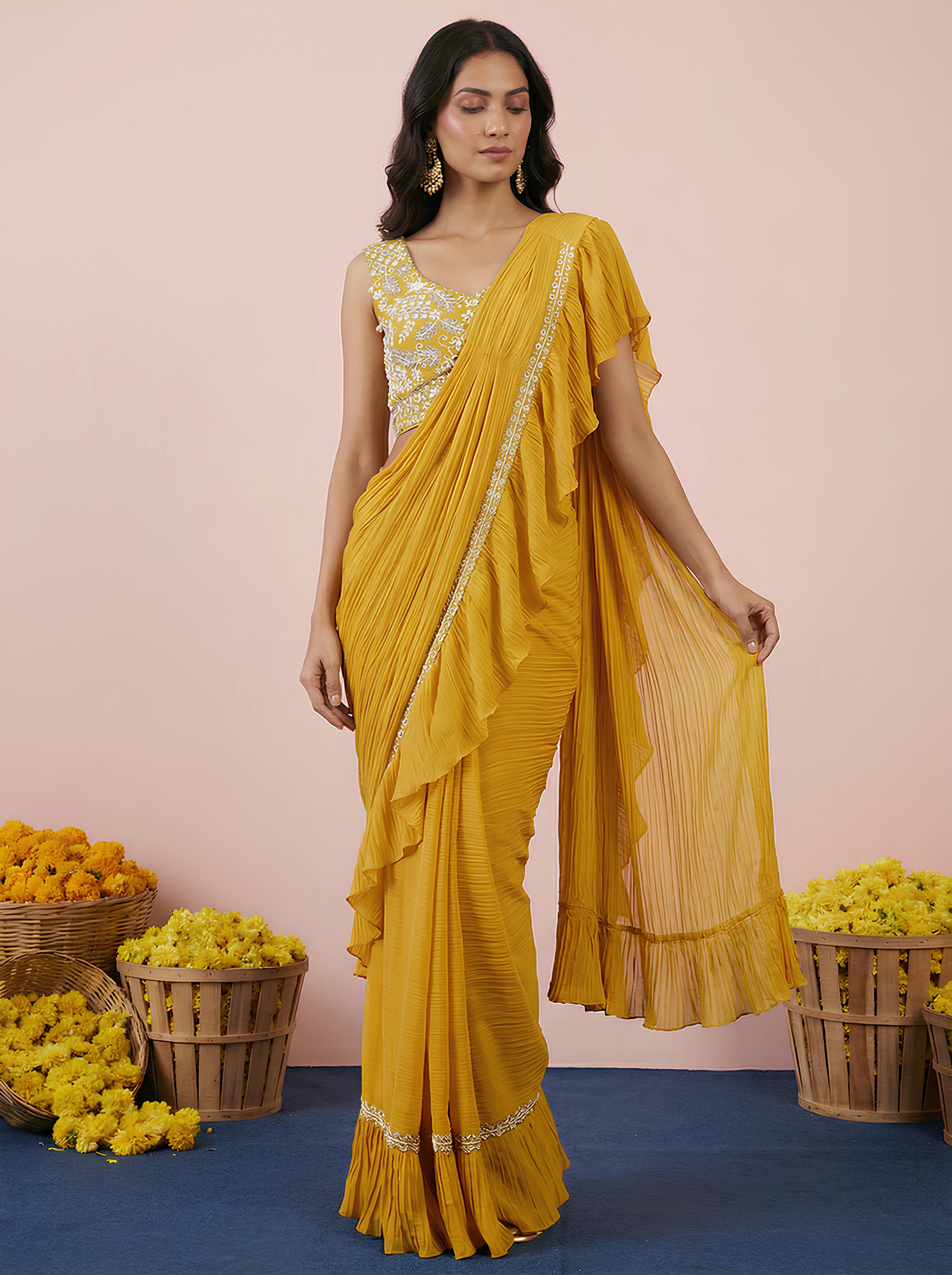 Yellow Embroidered Georgette Frill Drape Saree