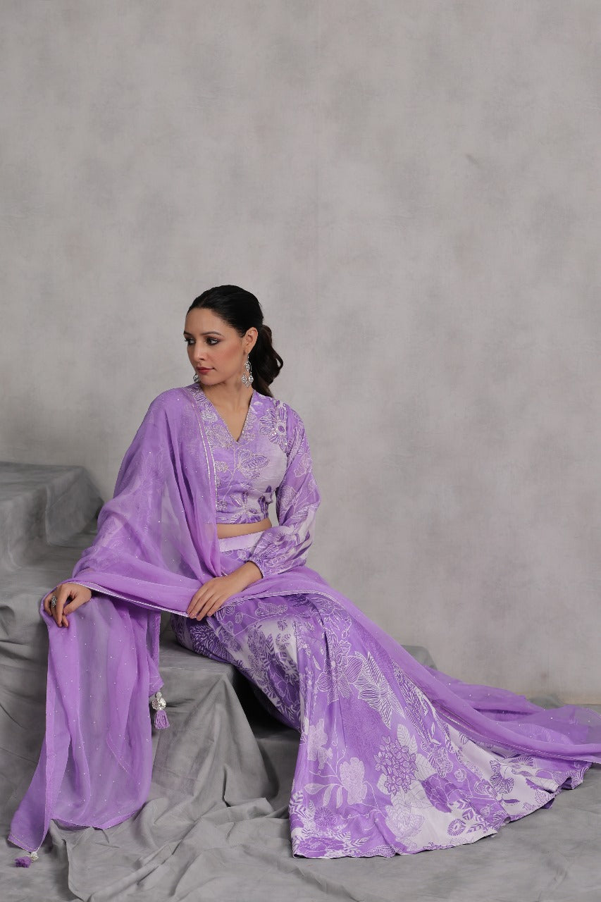 Light Purple Printed Chiffon Readymade Lehenga