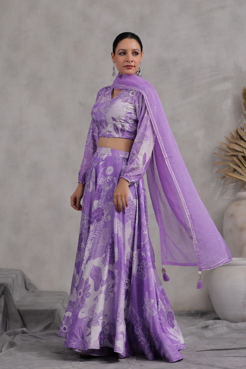 Light Purple Printed Chiffon Readymade Lehenga