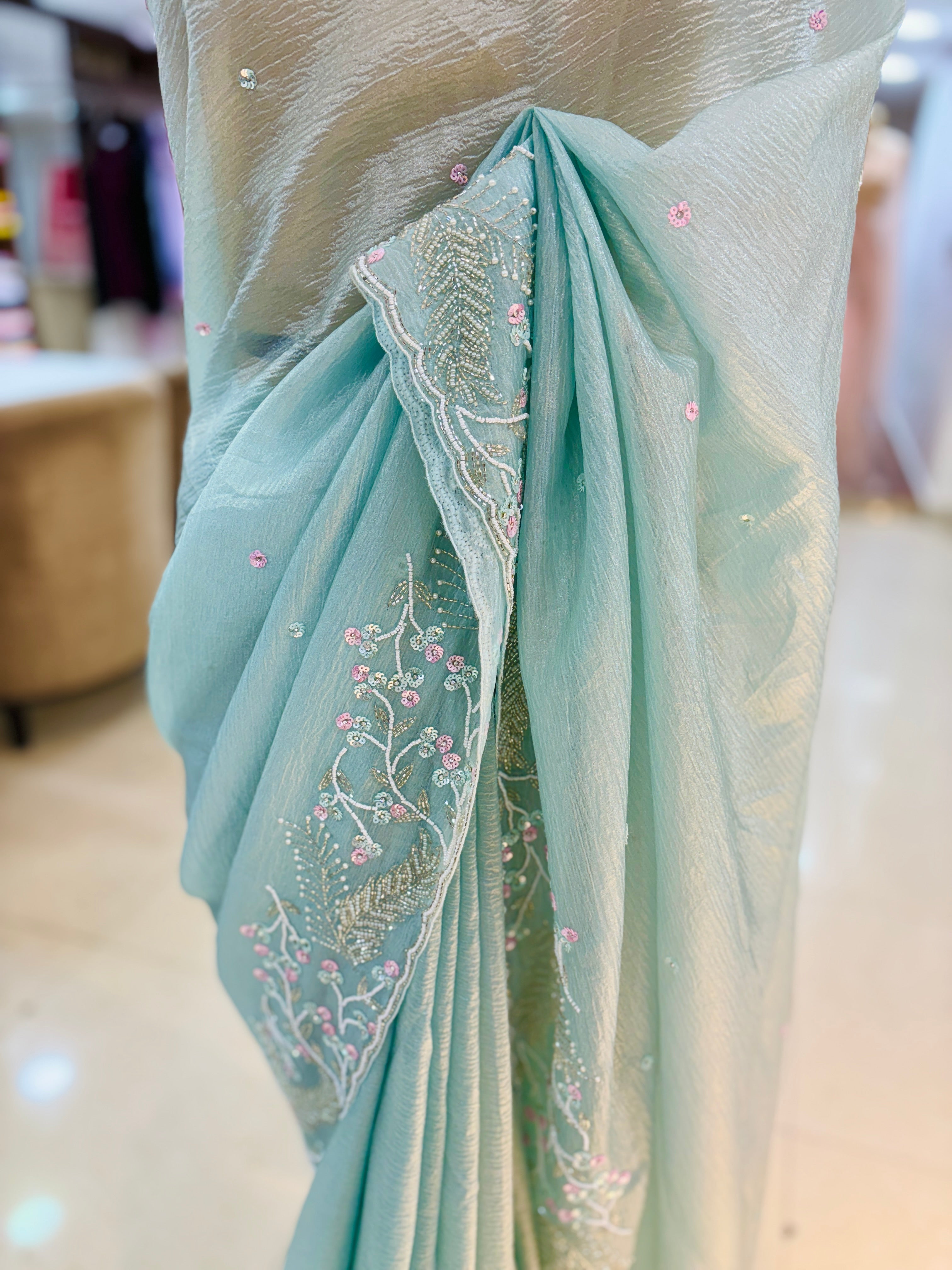 Sky Blue Self Tissue Designer Embroidery Saree