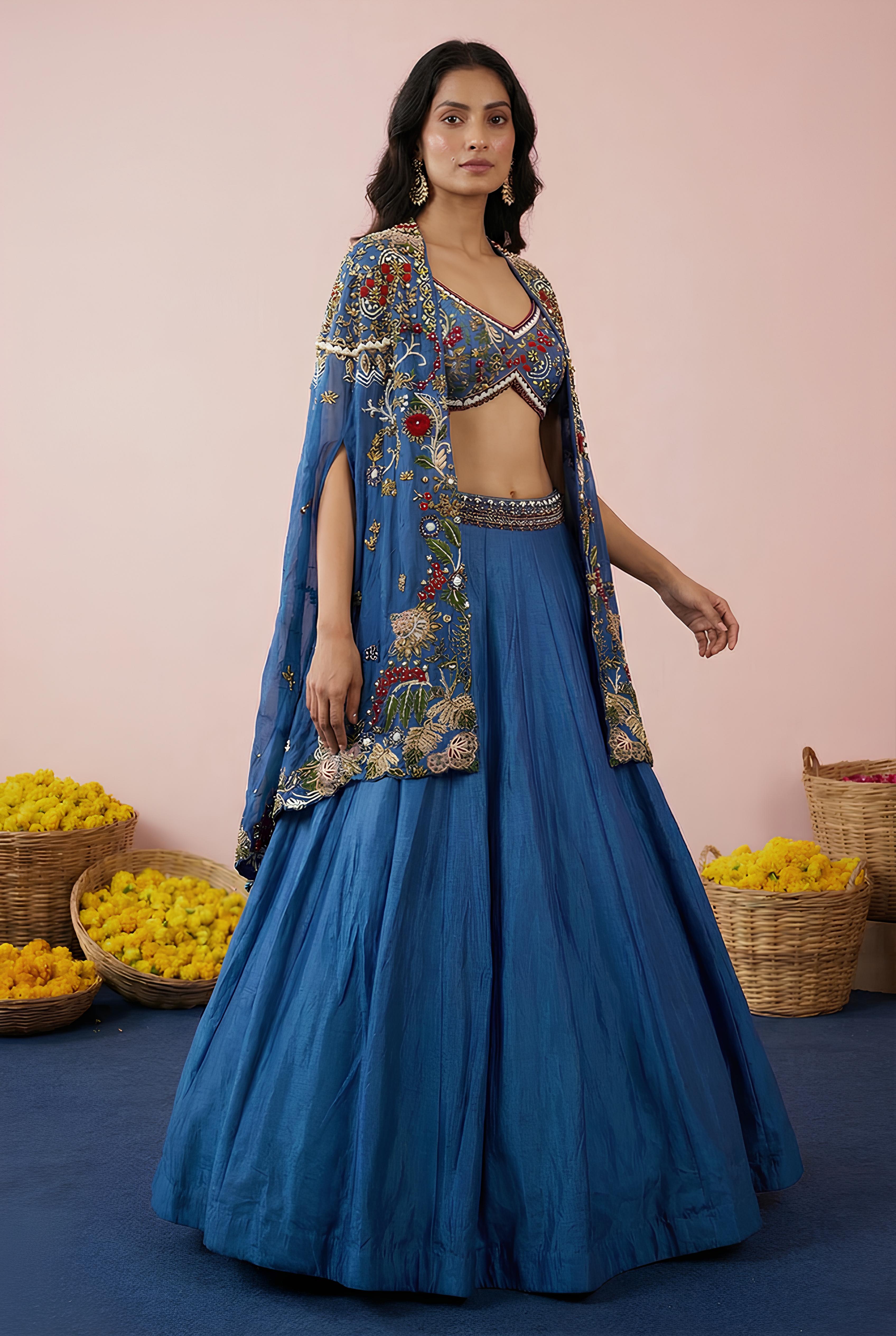Dark Blue Raw Silk Hand Work Lehenga With Shrug