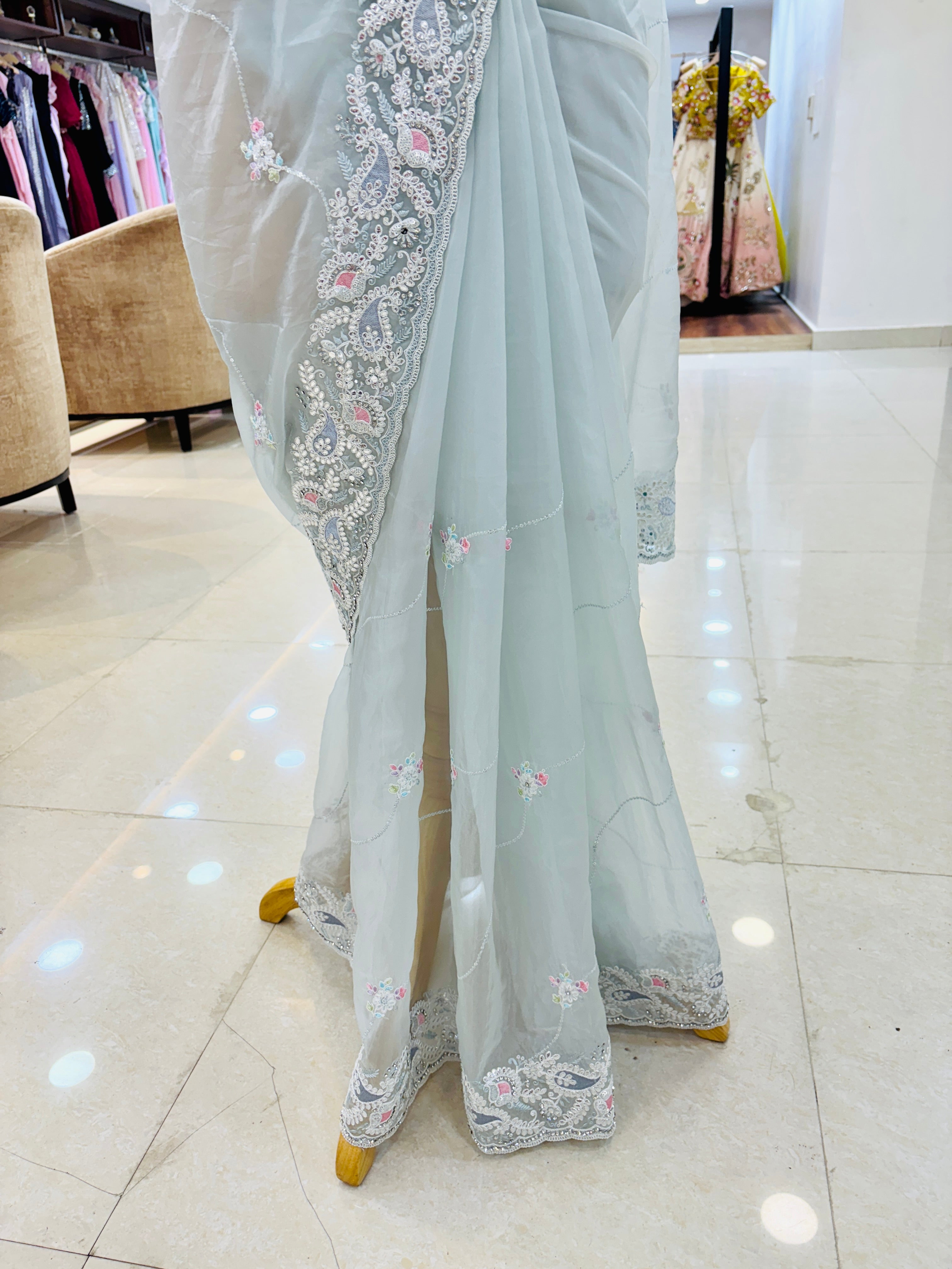 organza blue saree with thread work