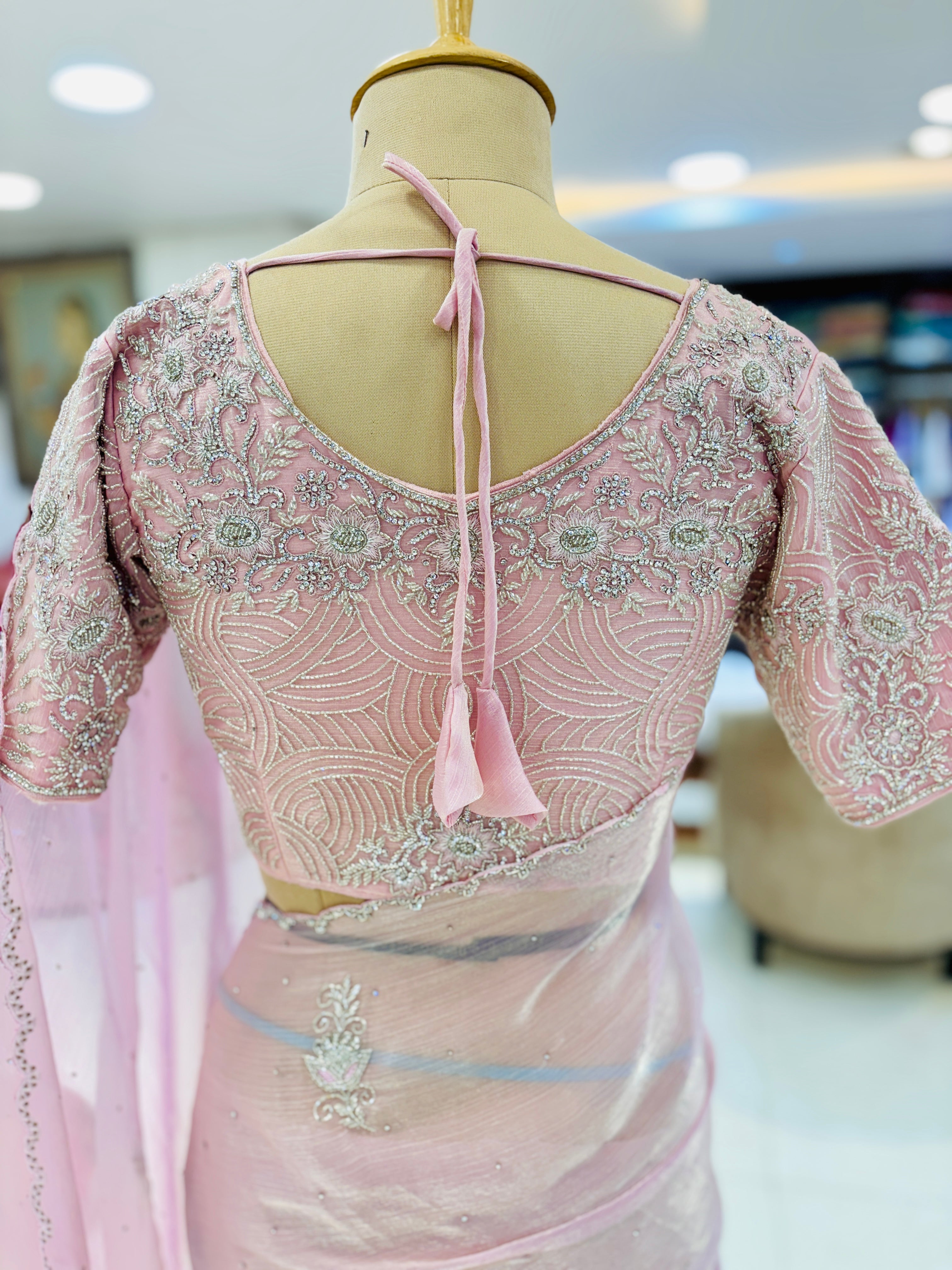 Light Pink Tissue Chiffon Saree With Readymade Blouse