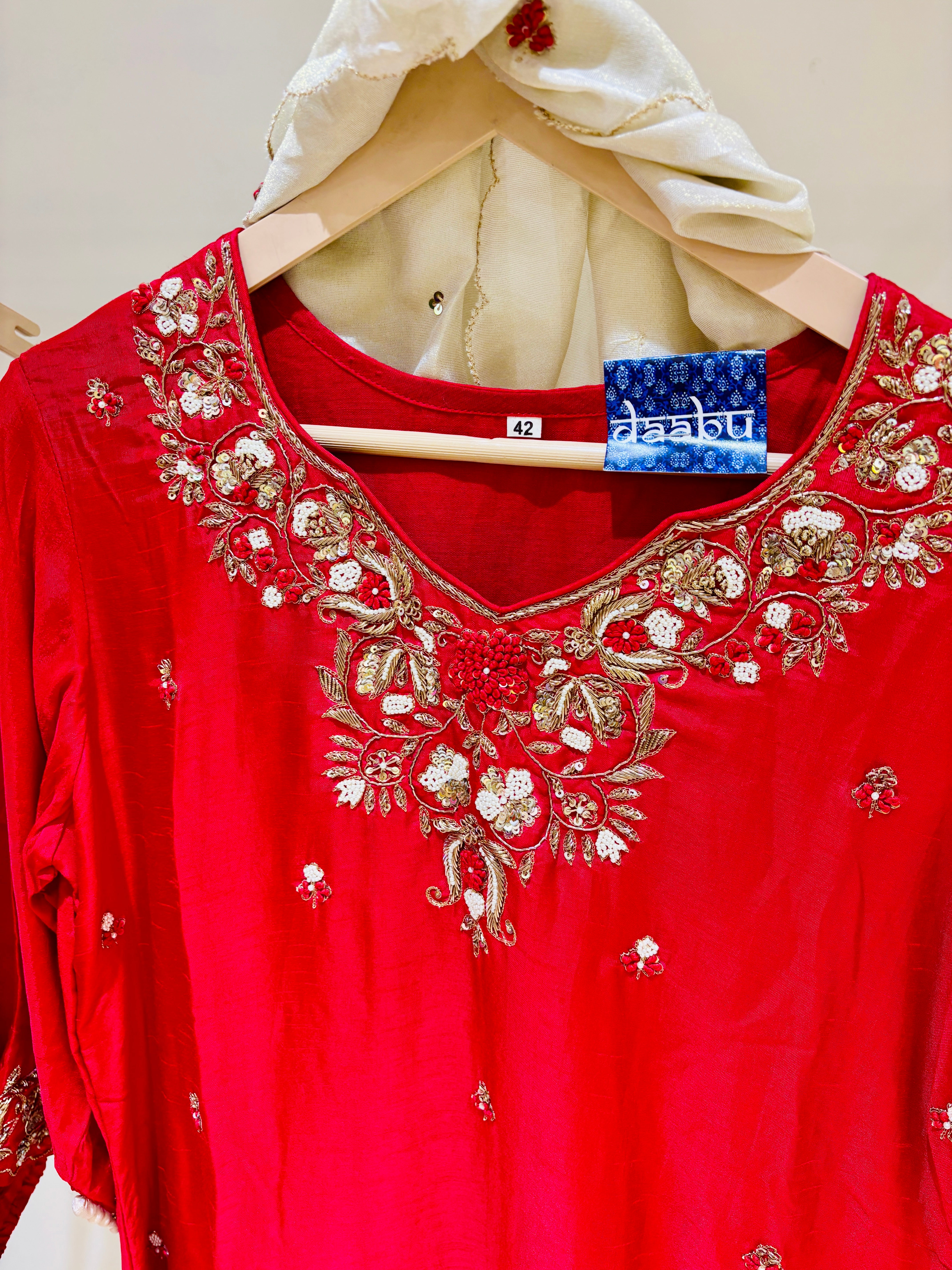 Dark Red Hand Work Raw Silk Work Salwar Suit