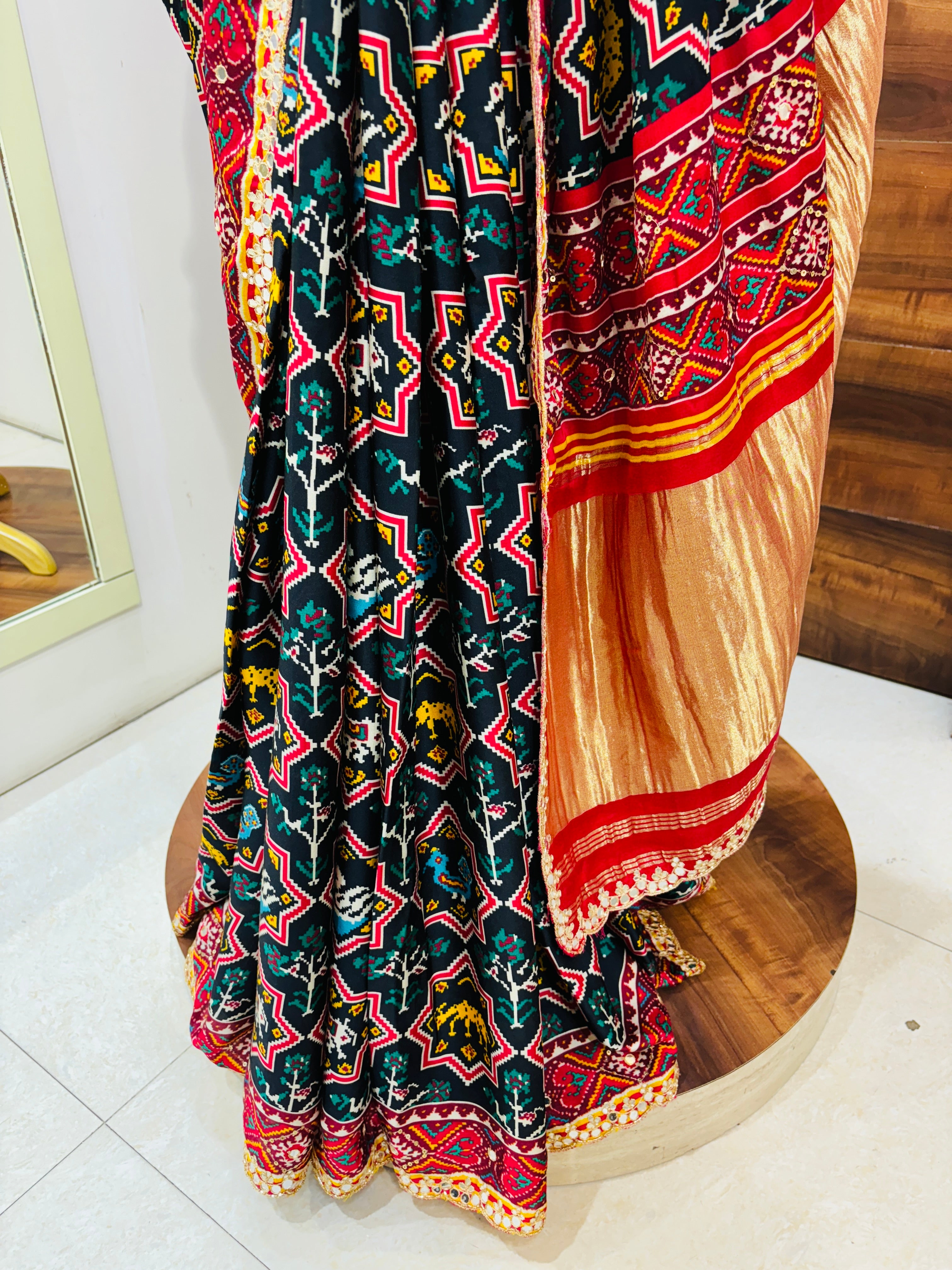 Black & Red Patola Silk Saree With Zari Pallu