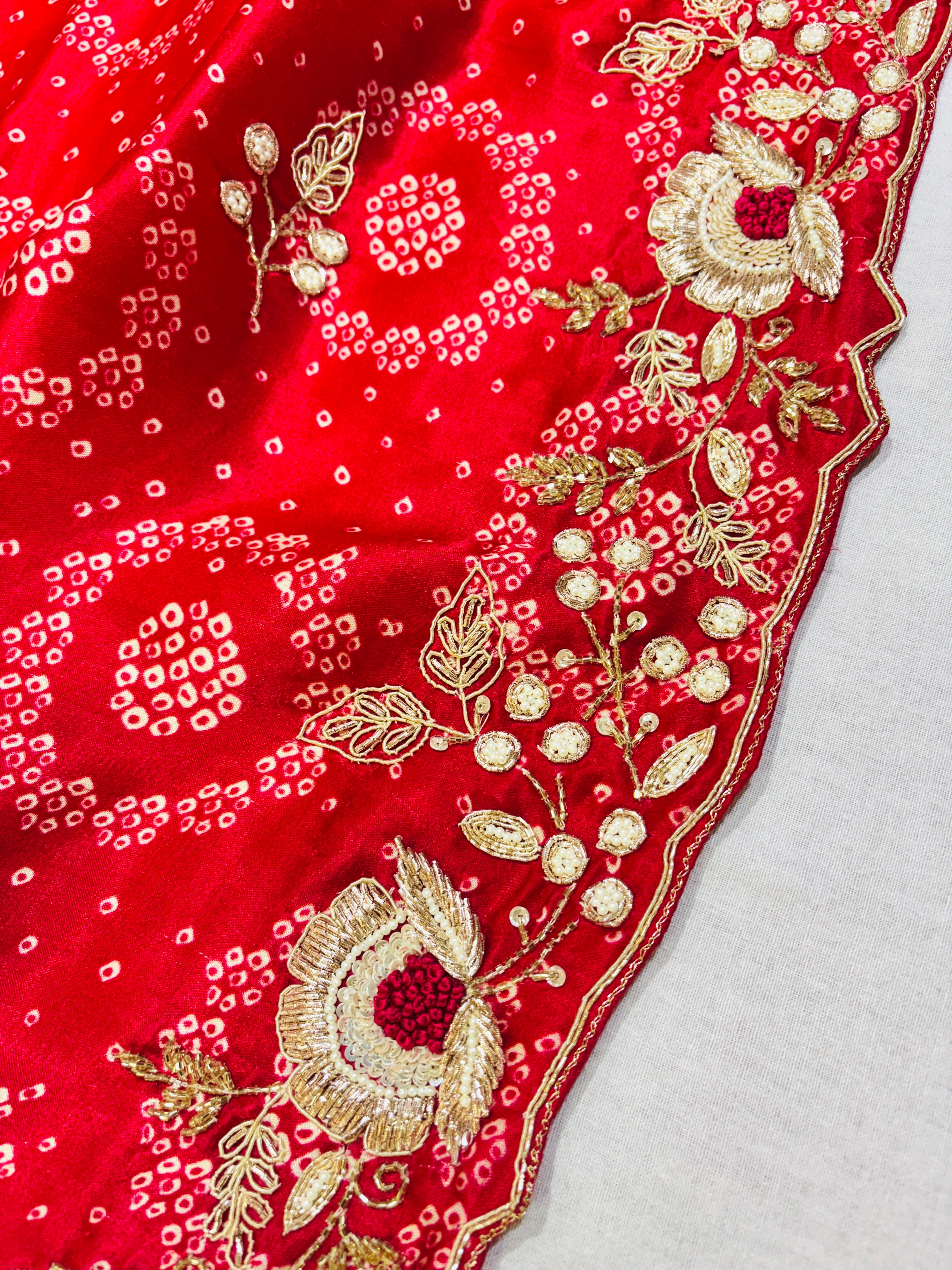 Red Bandhani Silk Hand Work Saree