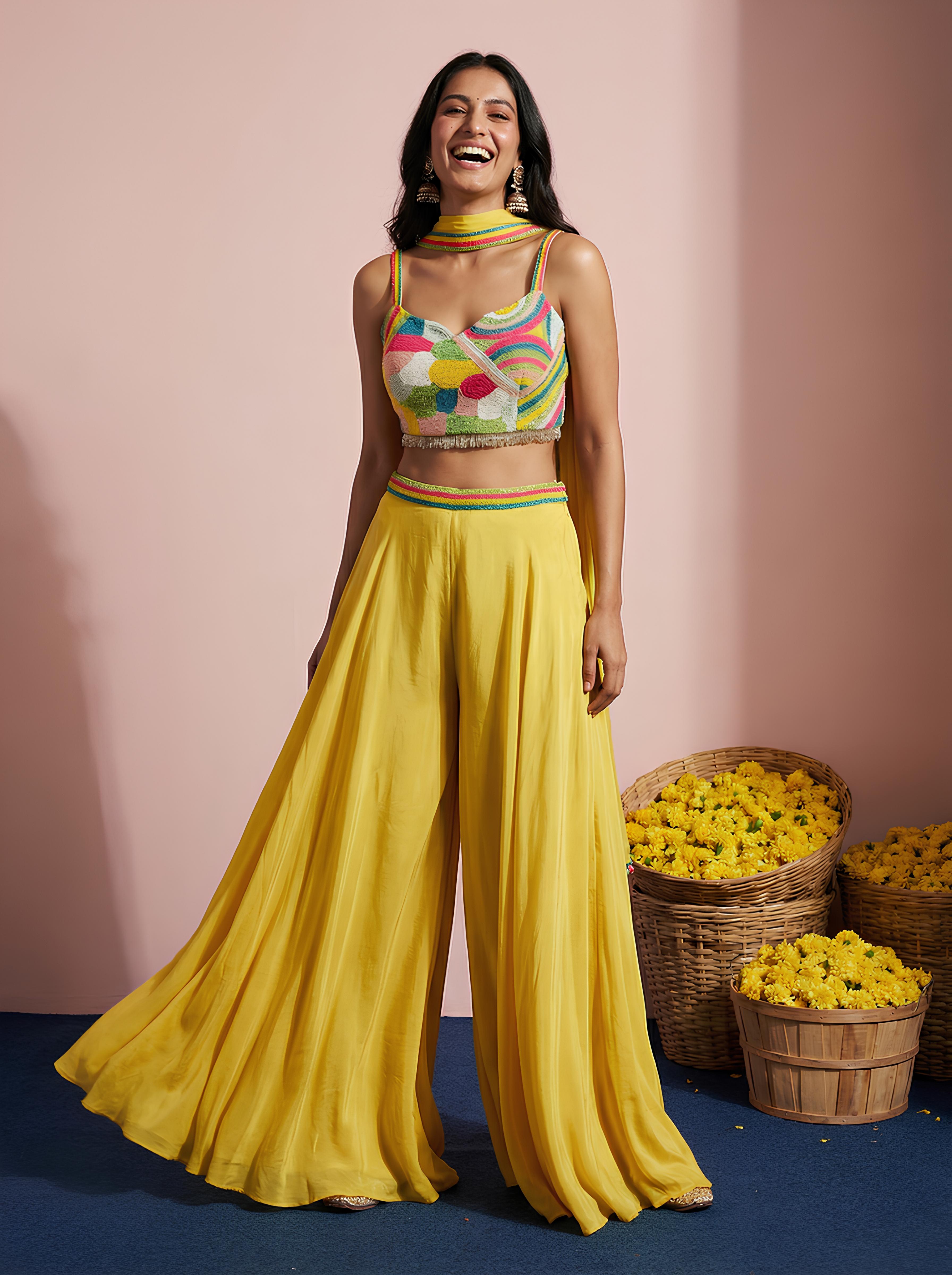 Yellow Embroidered Top With Sharara Suit