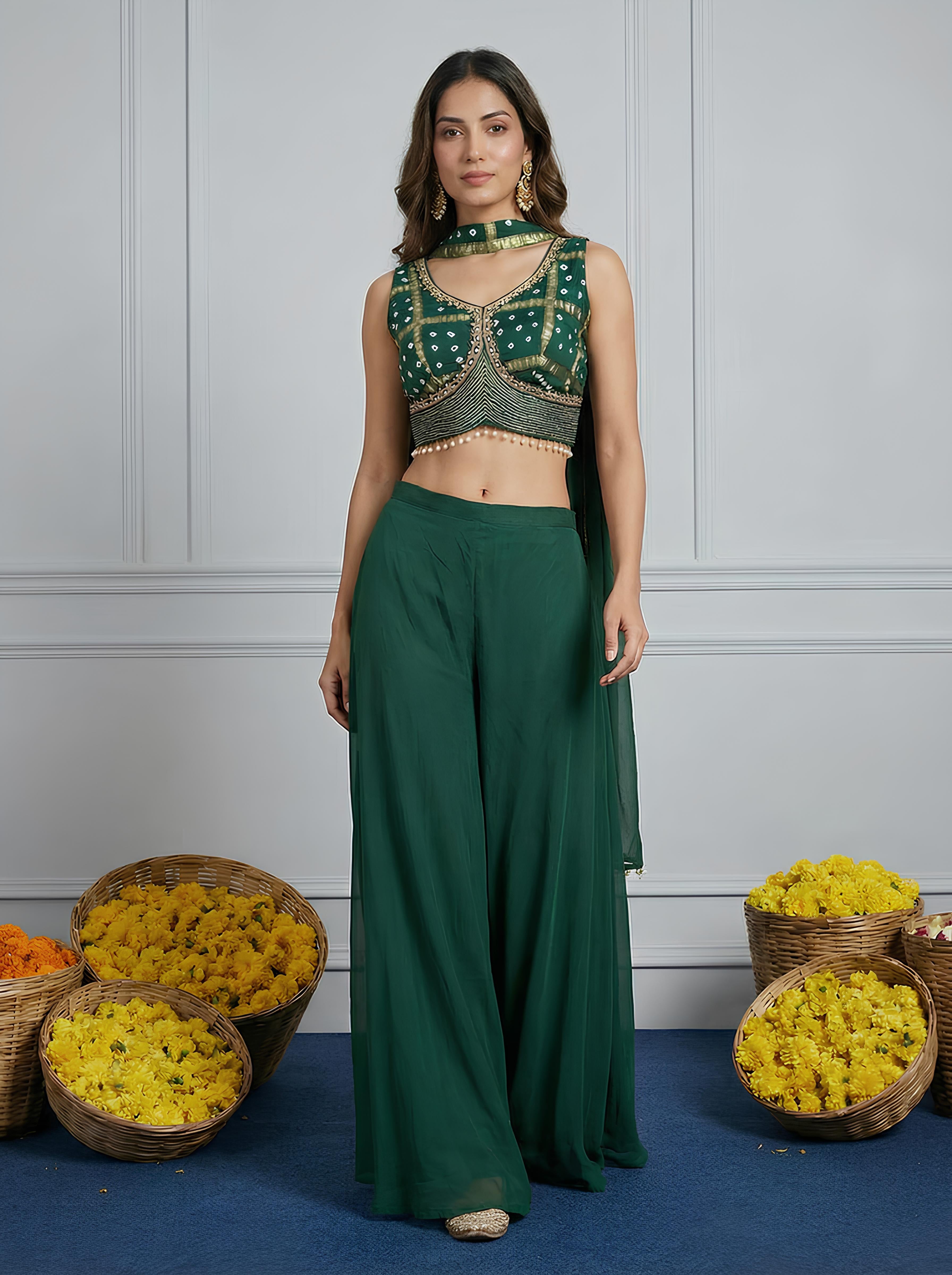 Green Bandhani Embroidered Top With Sharara Suit