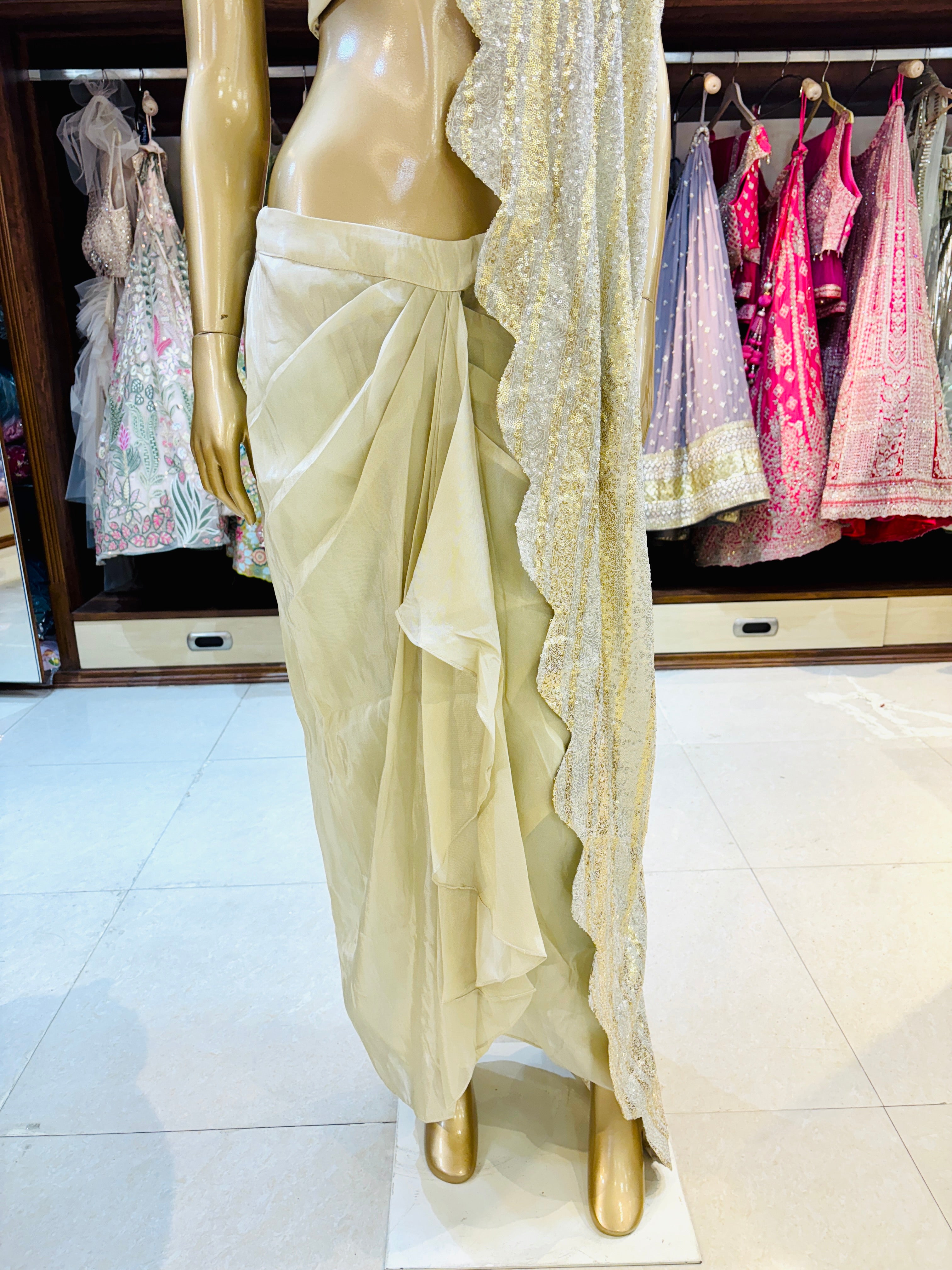 Off white chinnon silk indowestern with dhoti pattern