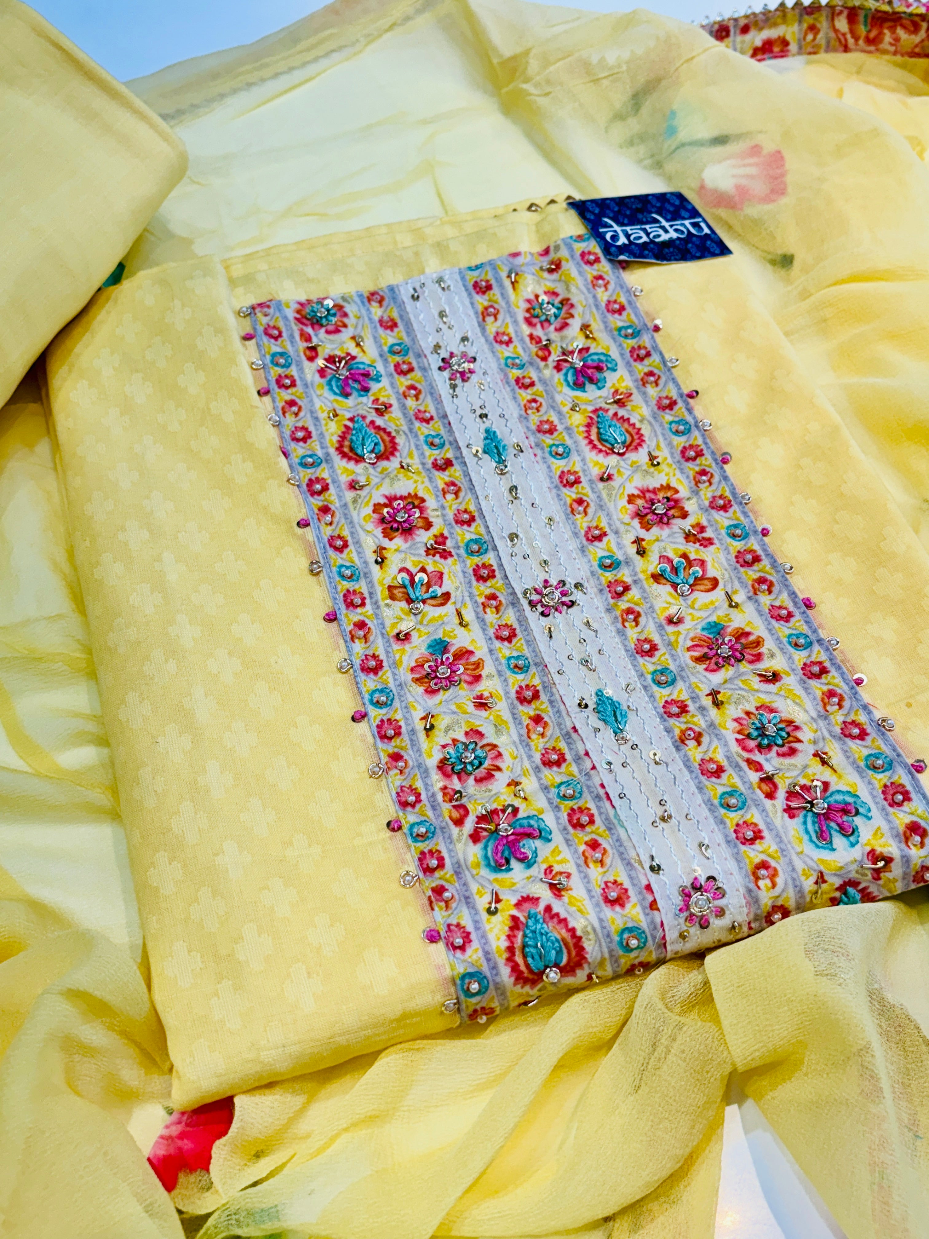 Yellow Cotton Floral Print Dress Material