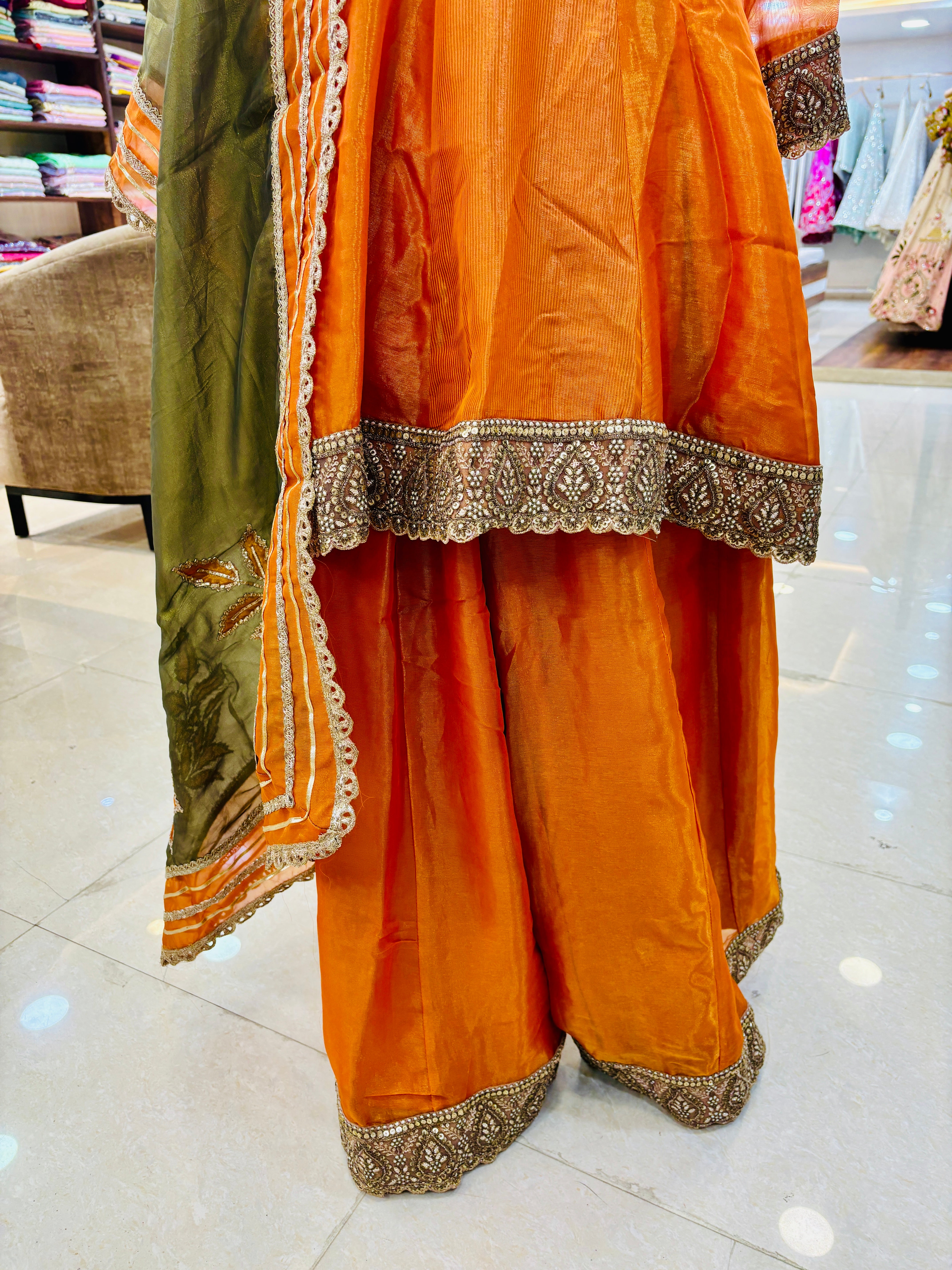 Rust Orange Tissue Sharara Set With Dupatta