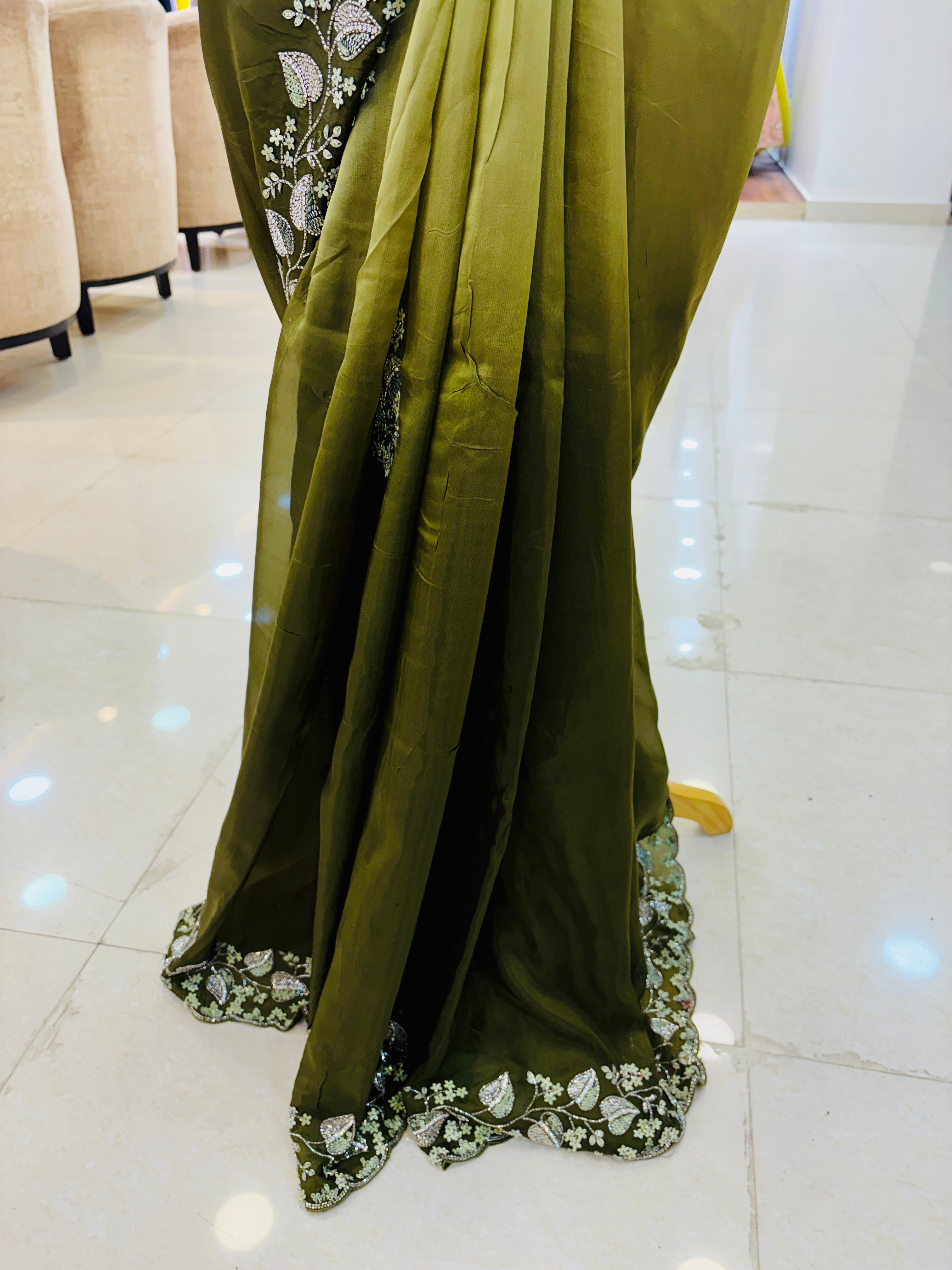 Shaded Green Silk Hand Work Designer Saree