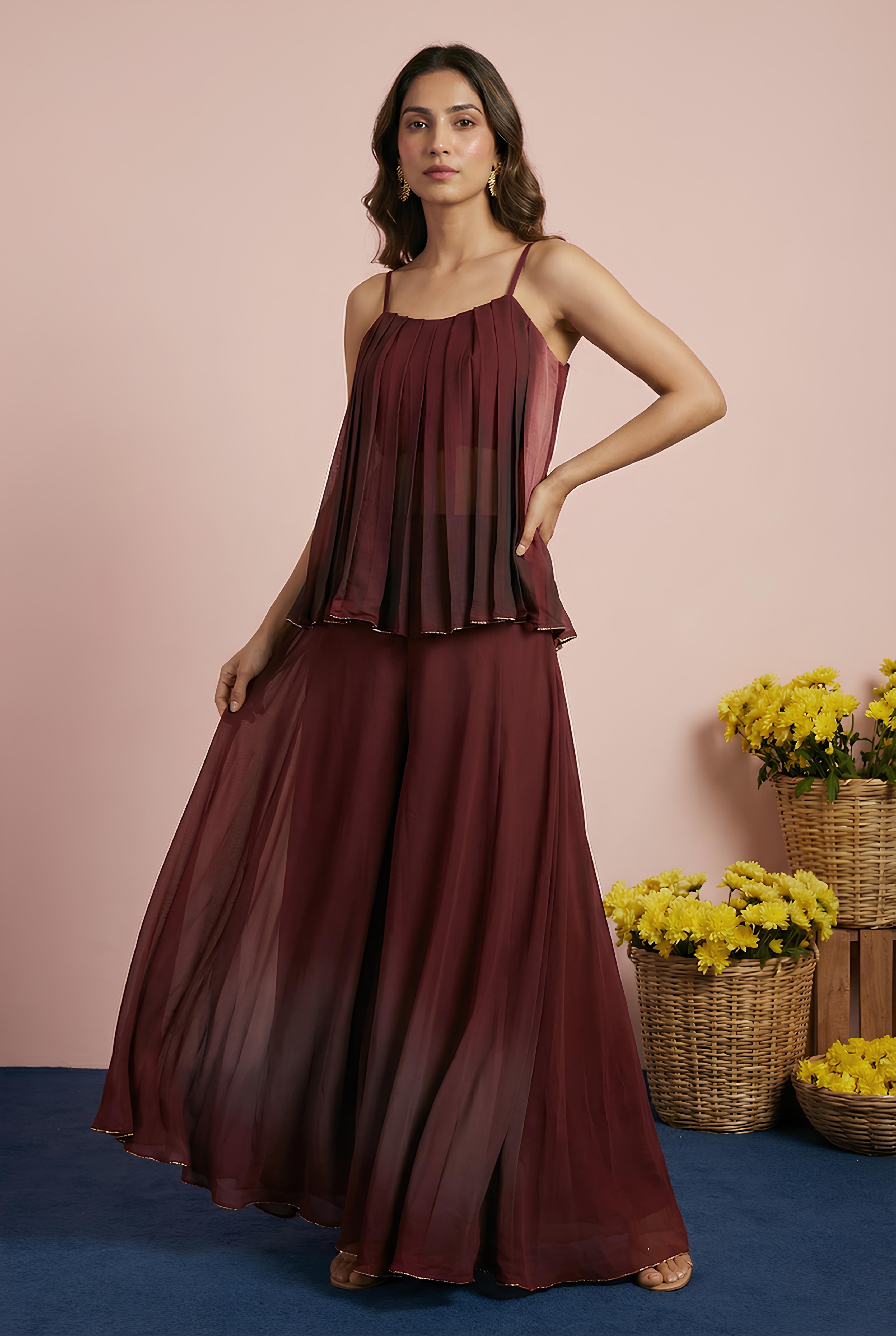 Dark Burgundy Sleeveless Top With Skirt