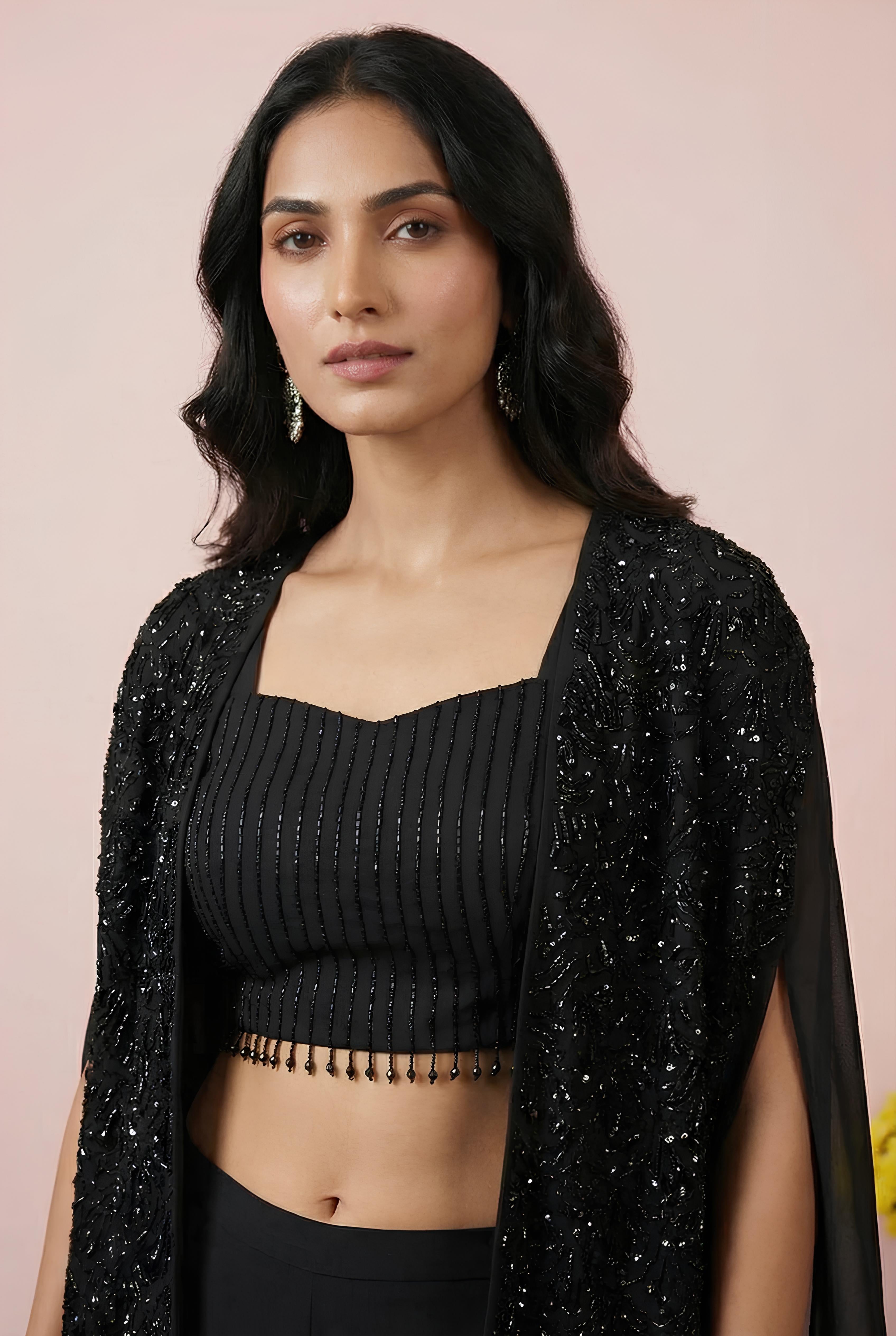 Black Embroidered Top With Shrug & Palazzo