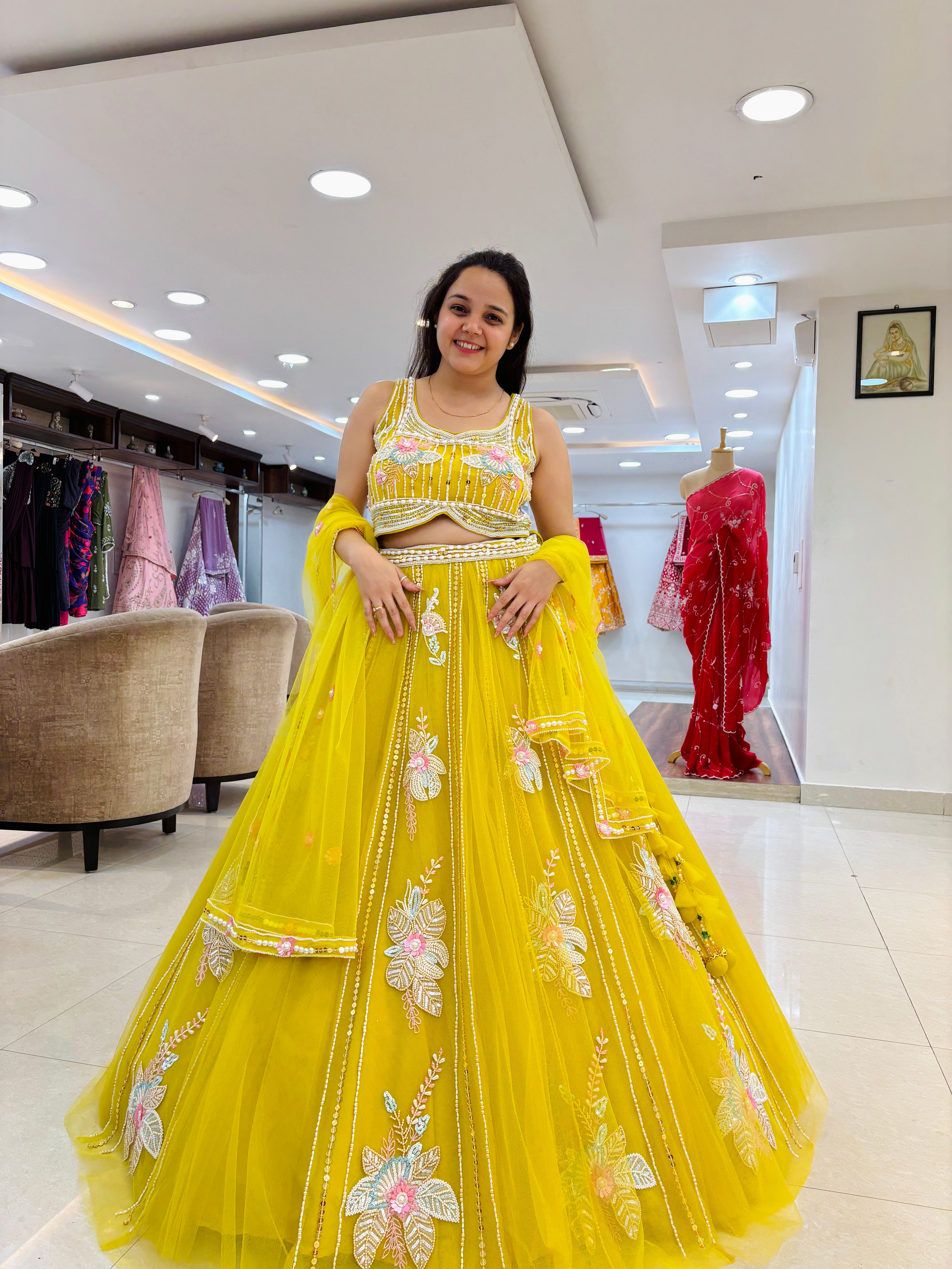 Yellow Organza Festive Designer Lehenga