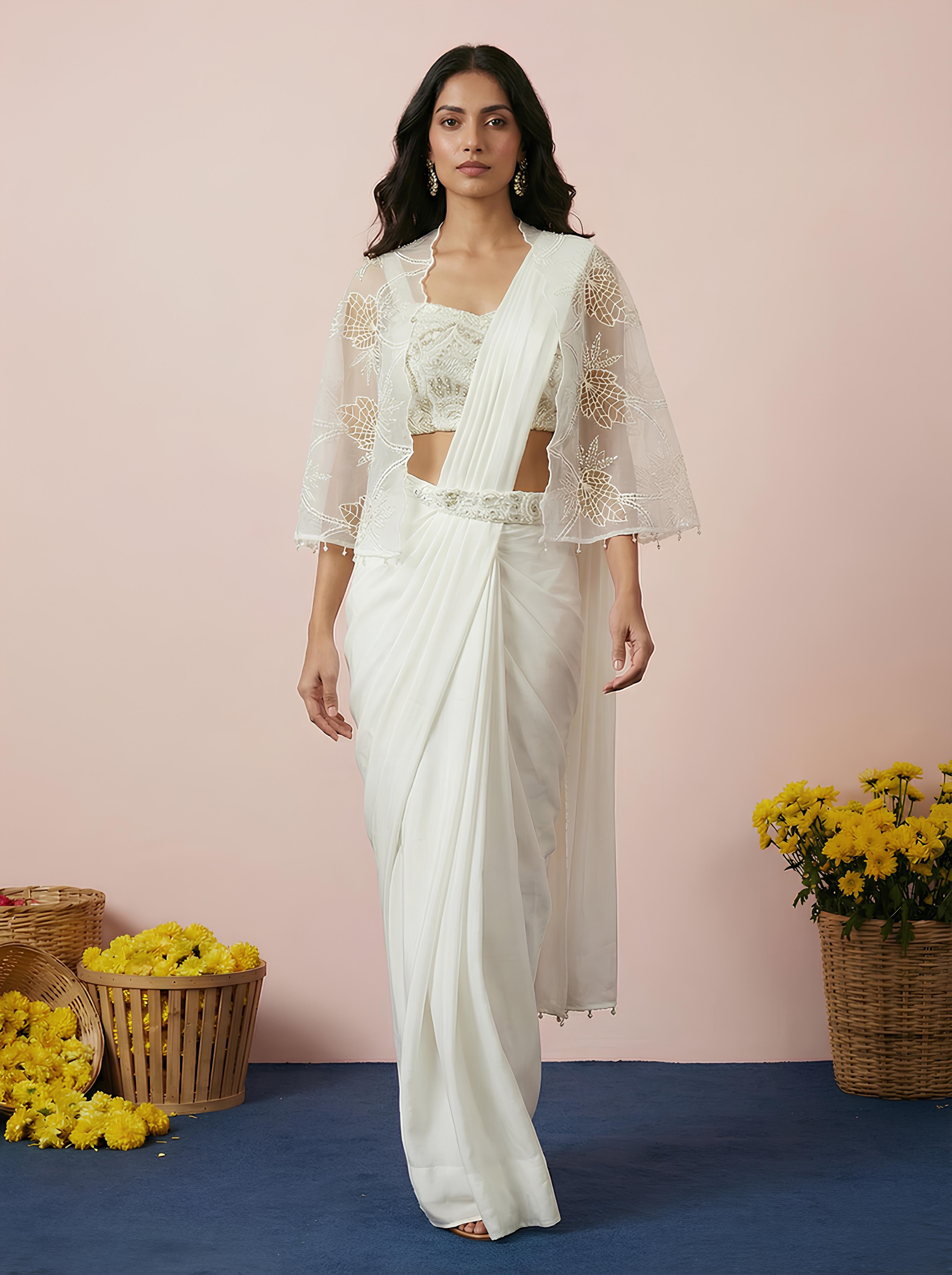 White Embroidered Drape Saree With Shrug Jacket