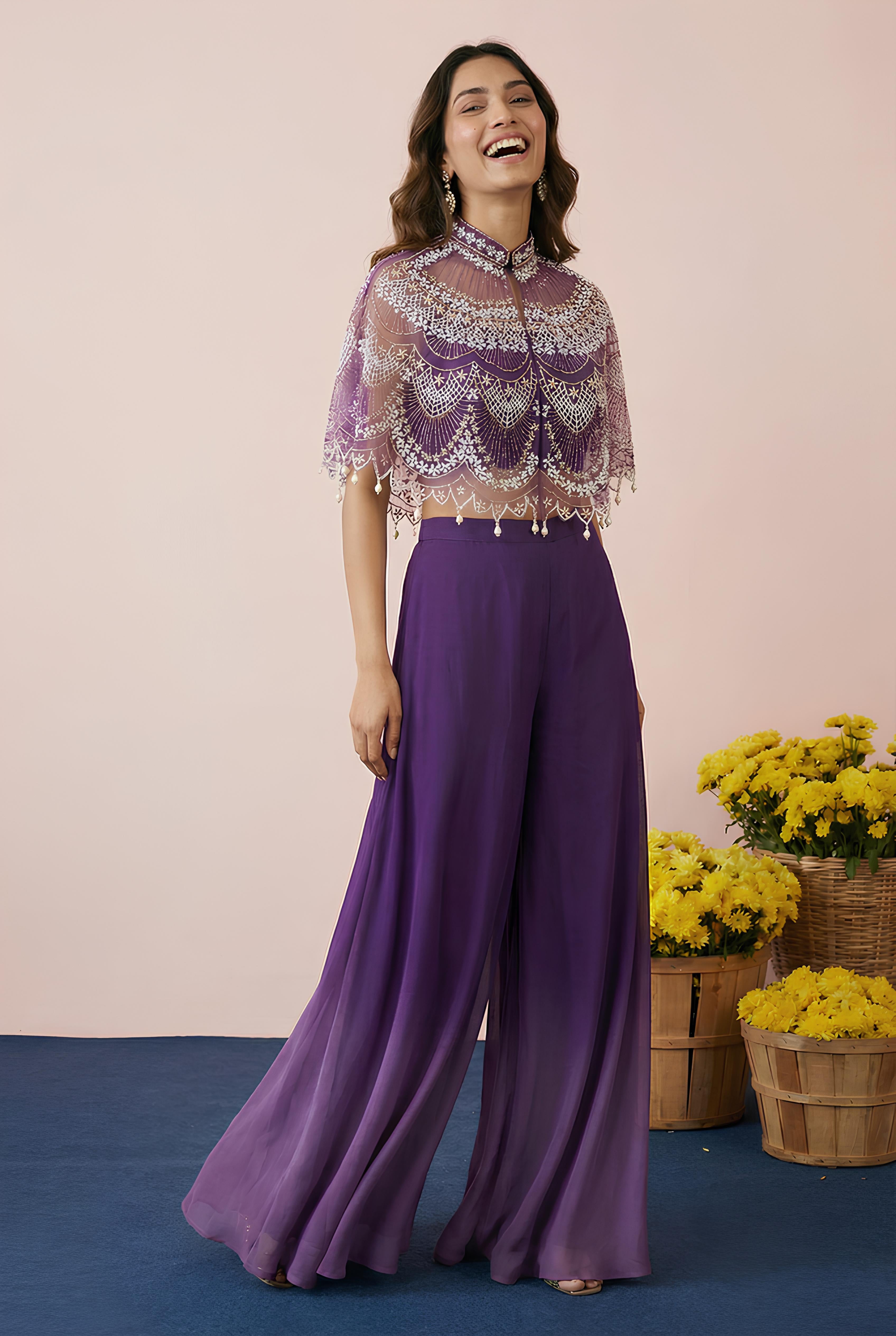 Purple Embroidered Poncho With Top & Palazzo