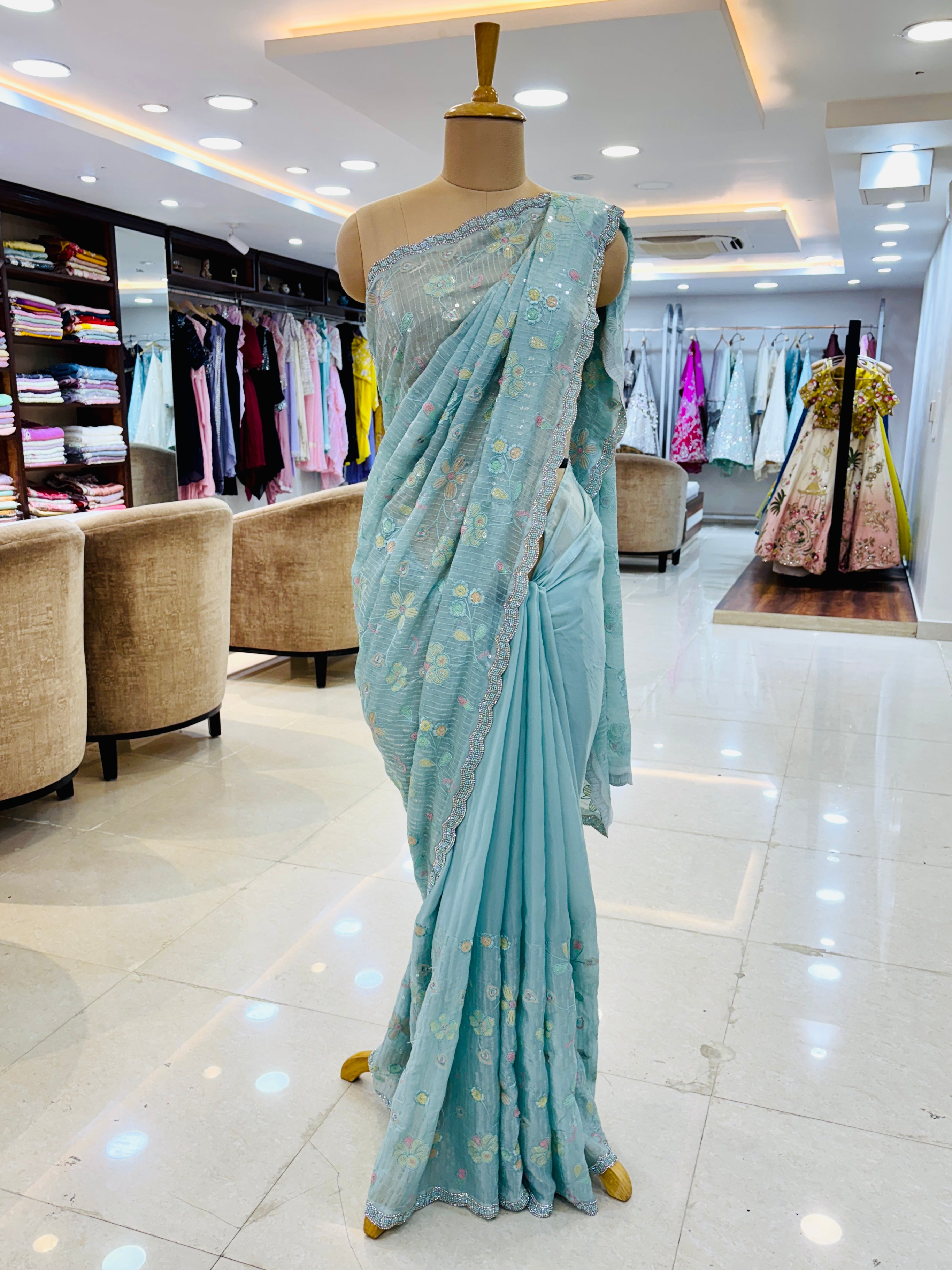 light blue organza saree