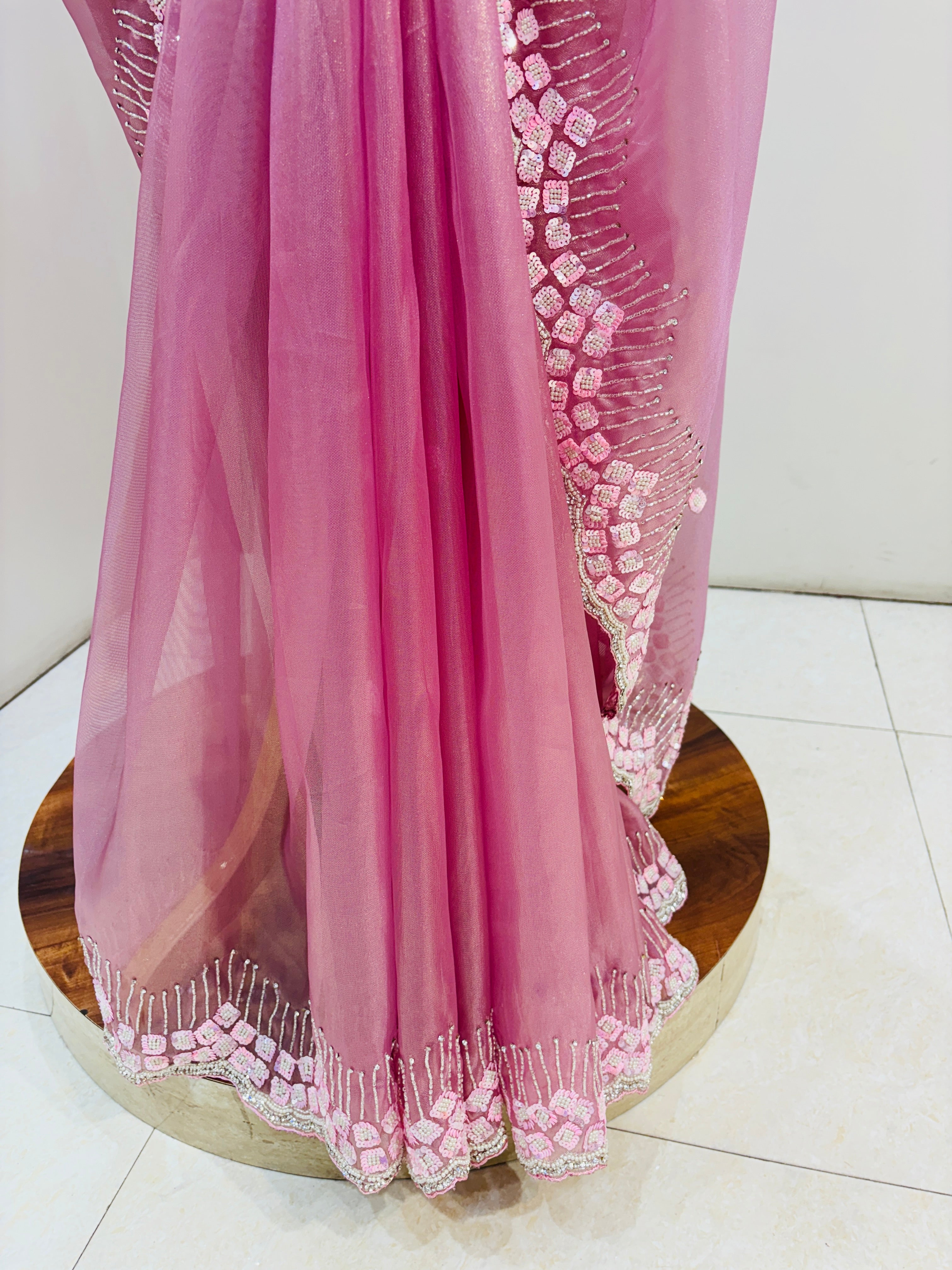 Hot Pink Designer Tissue Hand Work Saree