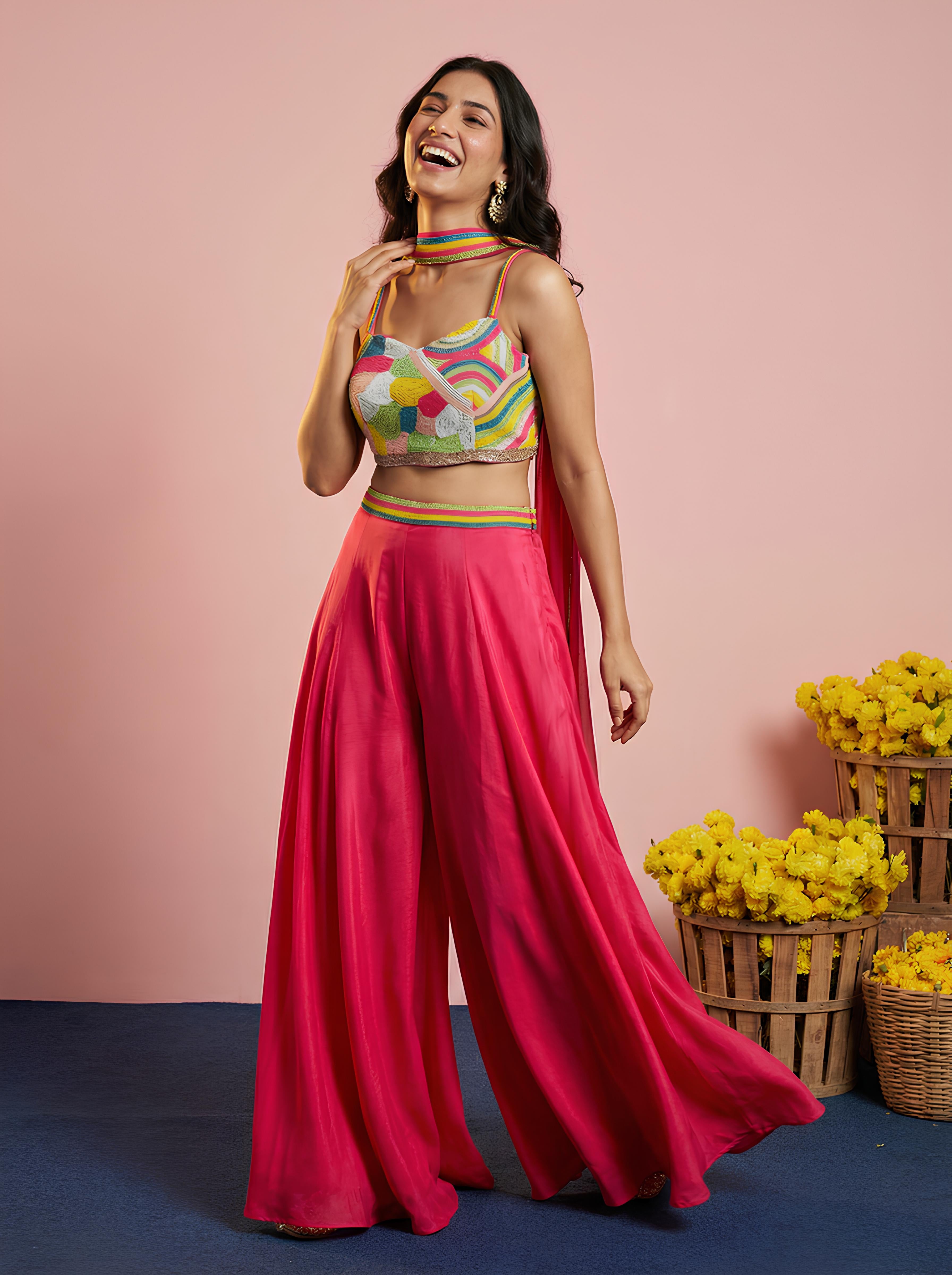 Pink Embroidered Top With Sharara Suit