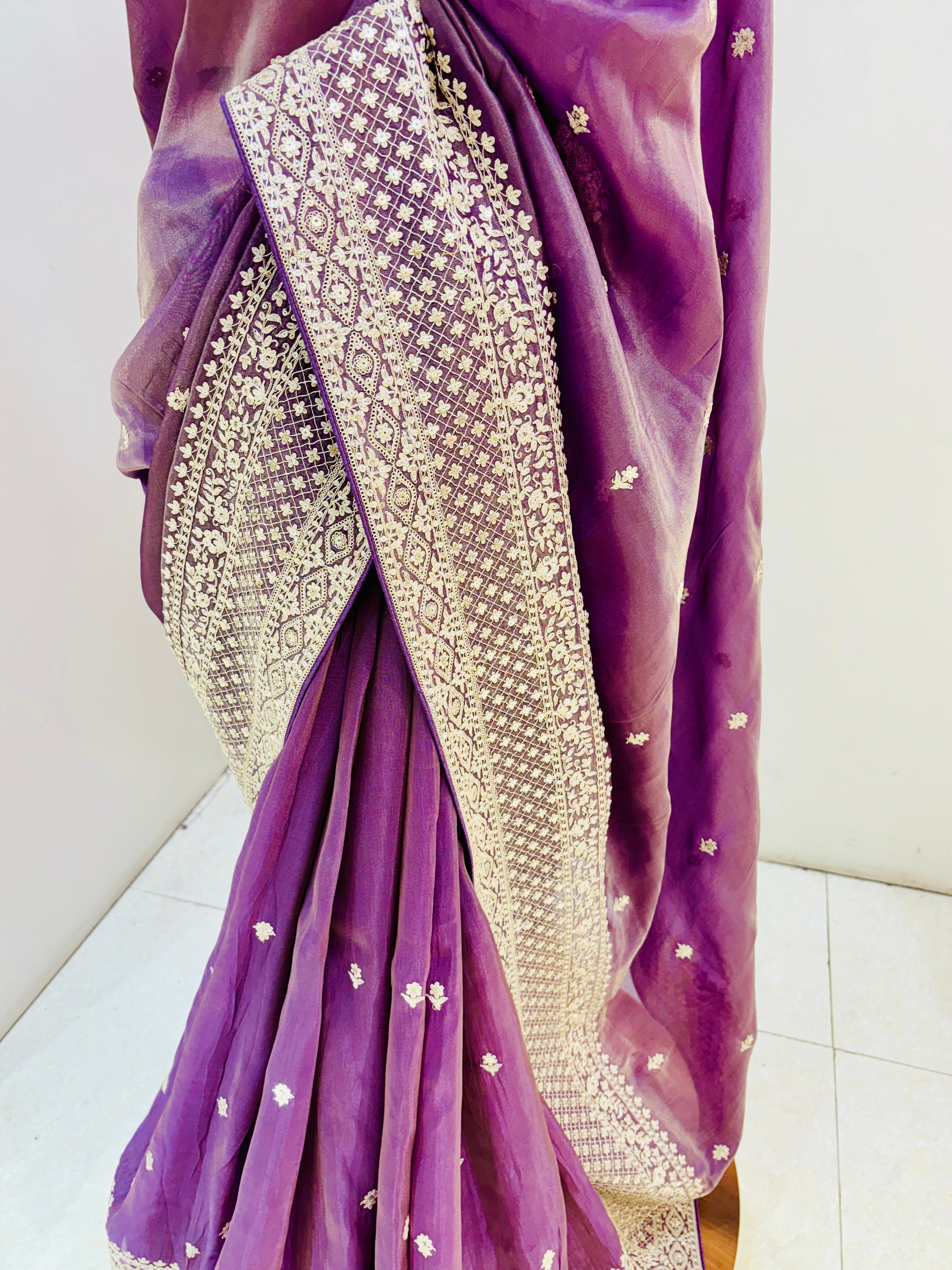 Purple Hand Embroidered Tissue Saree