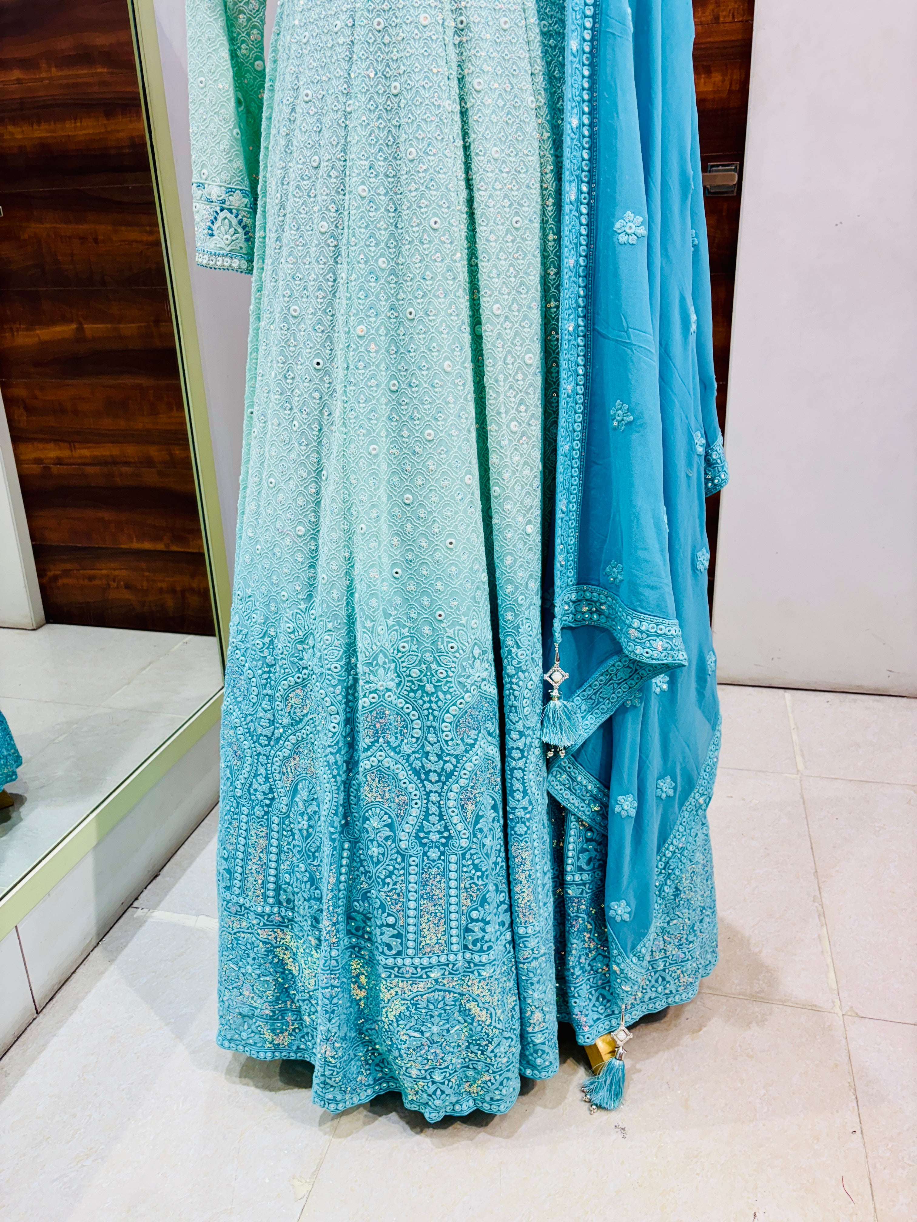 Sea Green Ombre Chikankari Gown