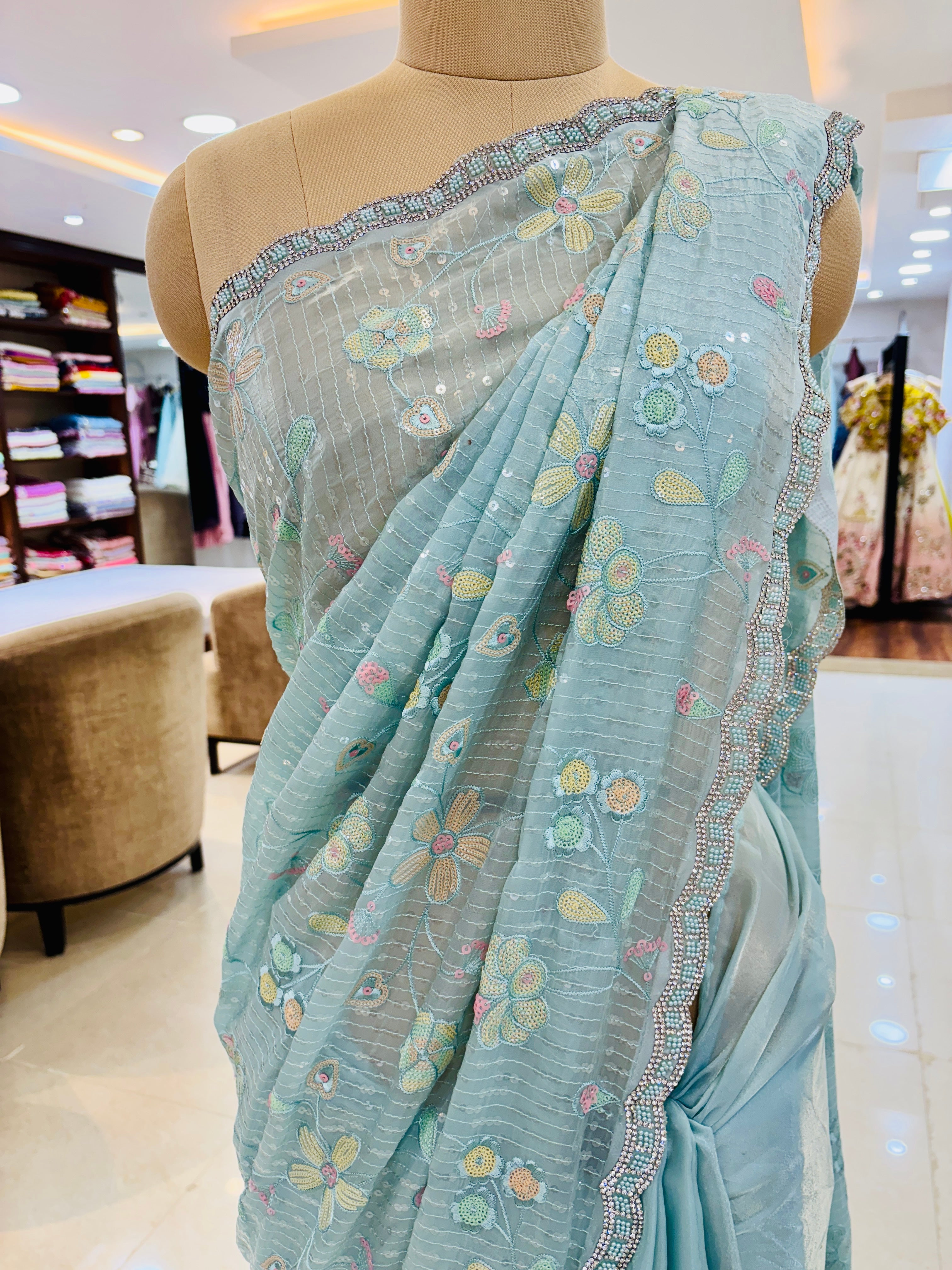 light blue organza saree