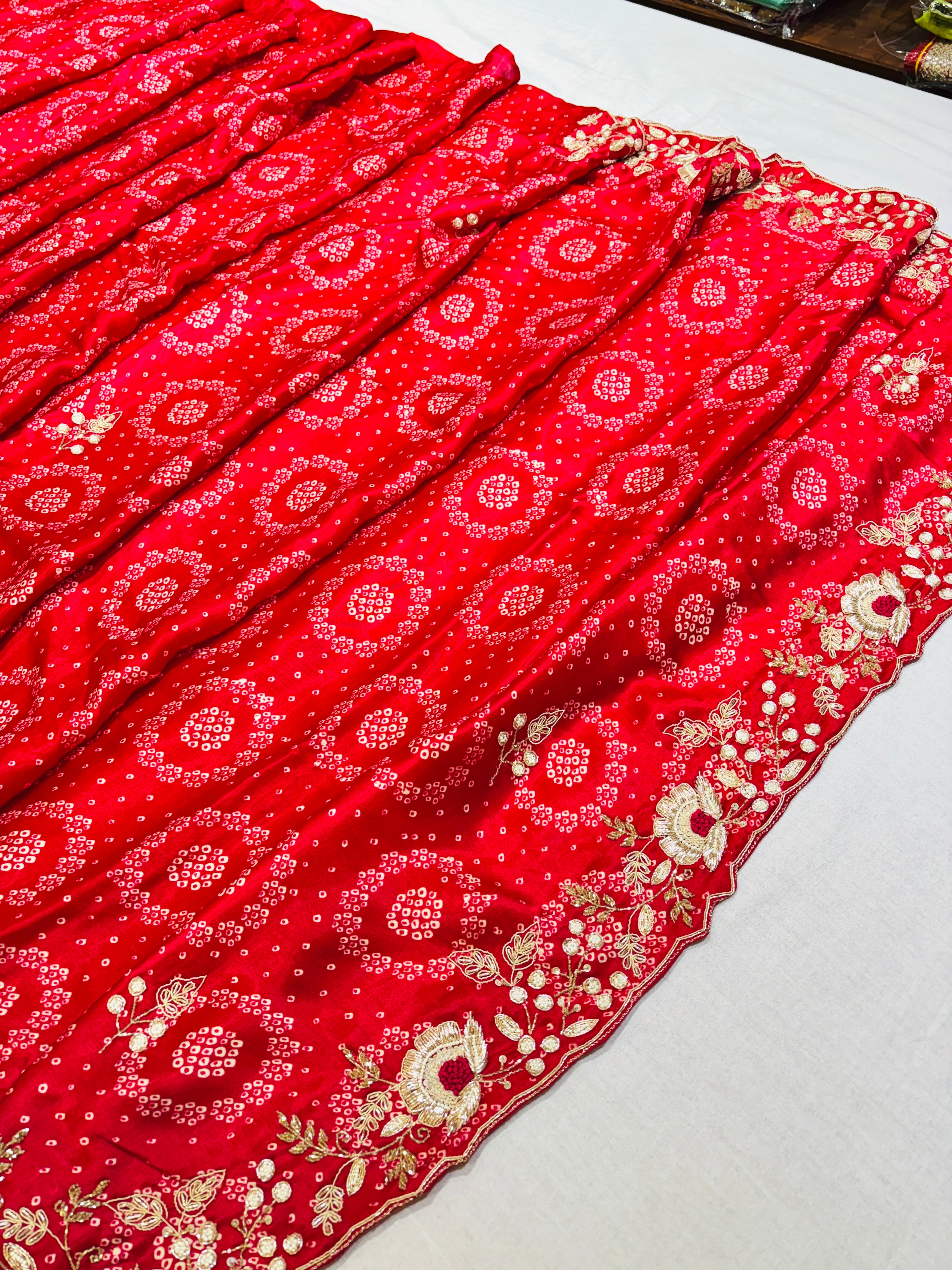 Red Bandhani Silk Hand Work Saree