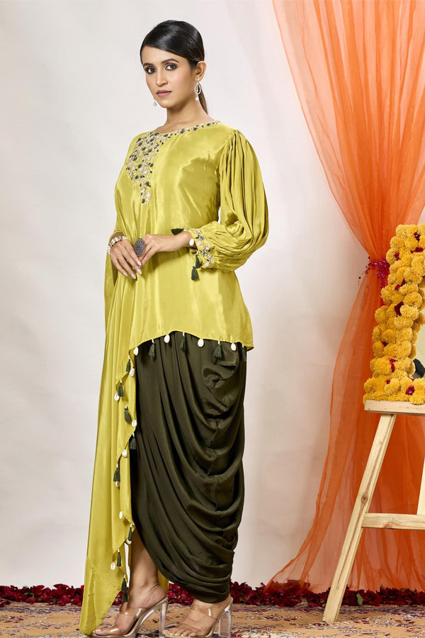 Corn Yellow Embellished Satin Silk Tunic & Dhoti Set