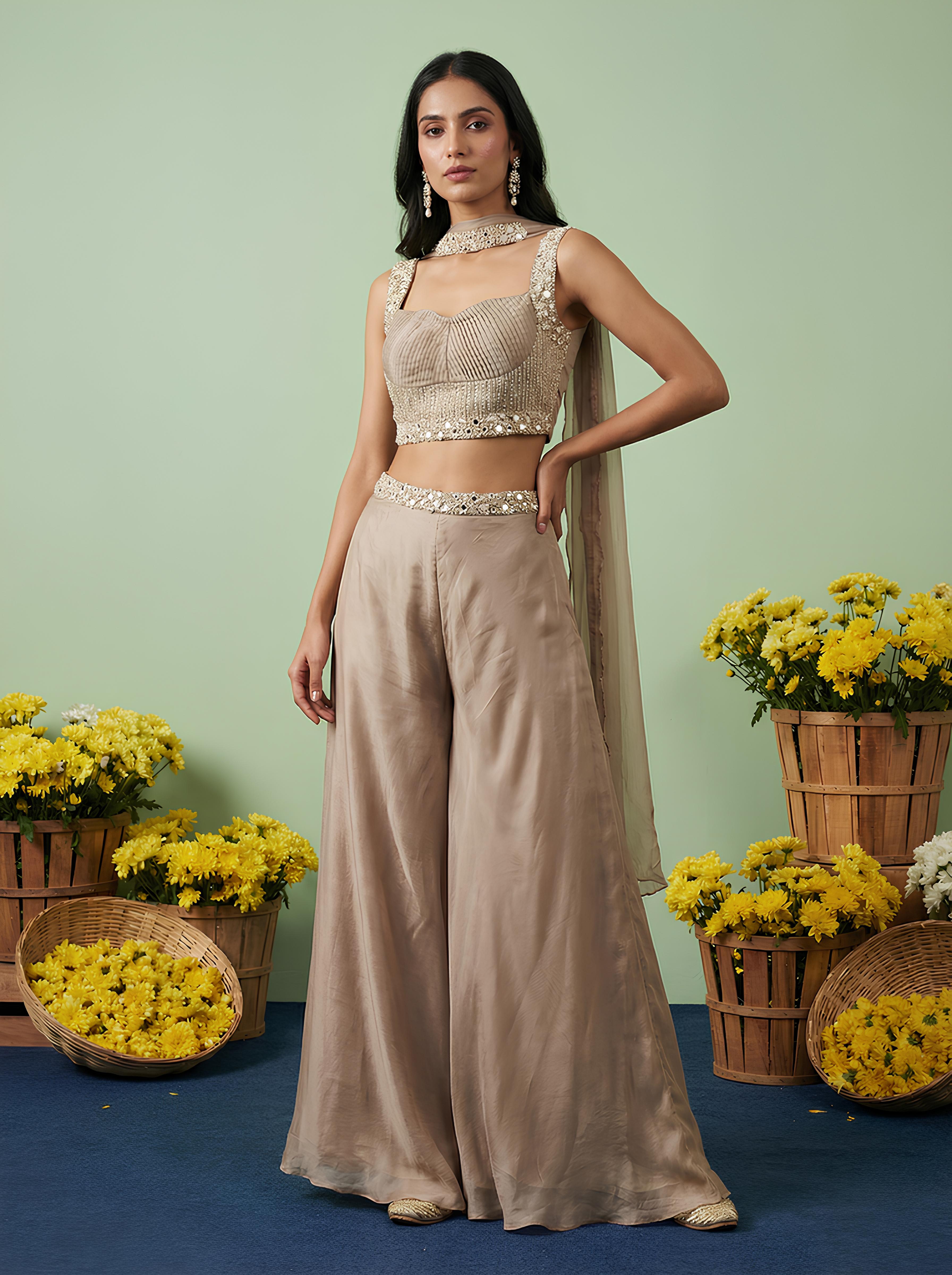 Ivory Embroidered Top With Sharara Suit