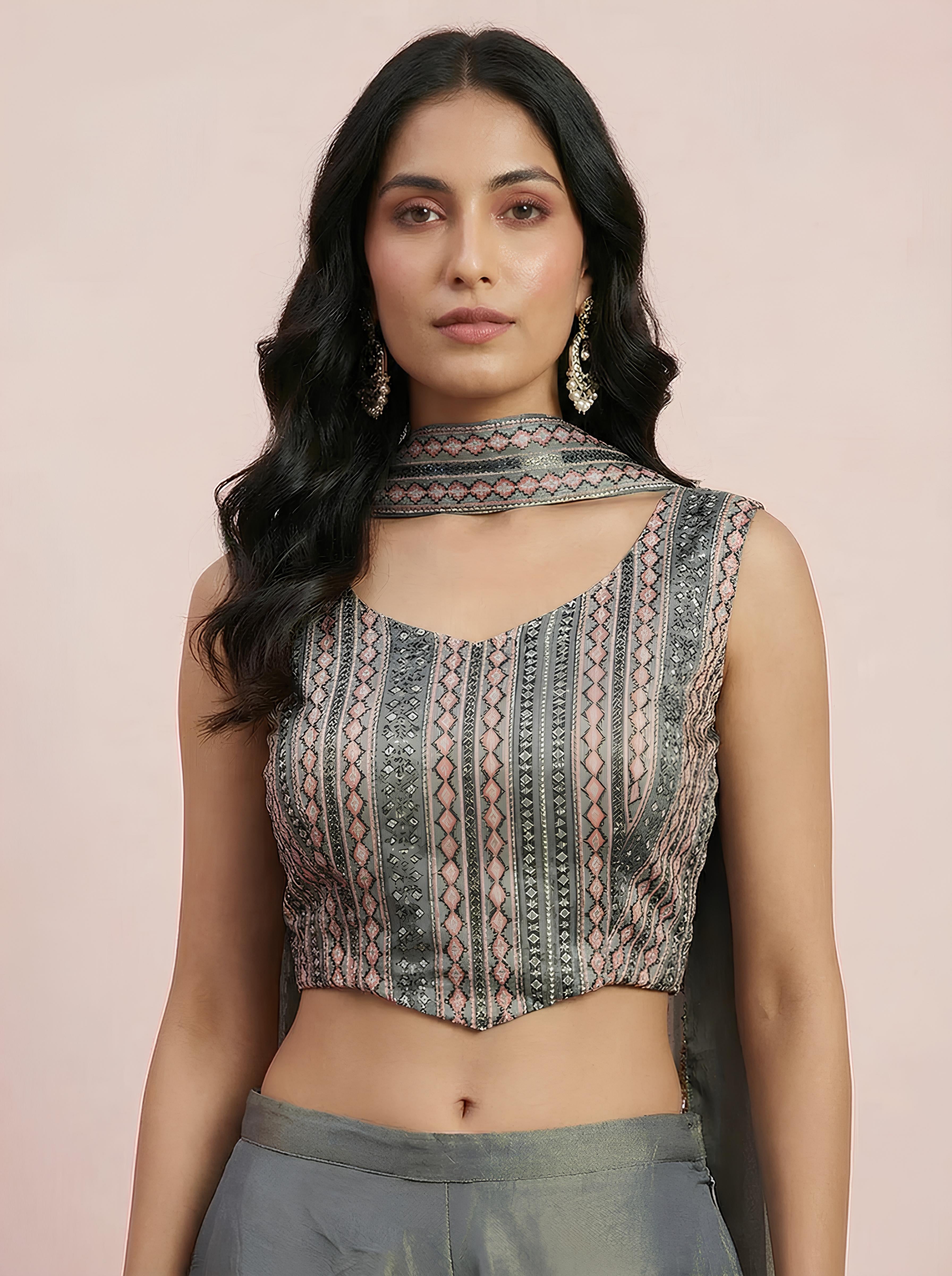 Light Grey Embroidered Corset Top With Sharara Suit