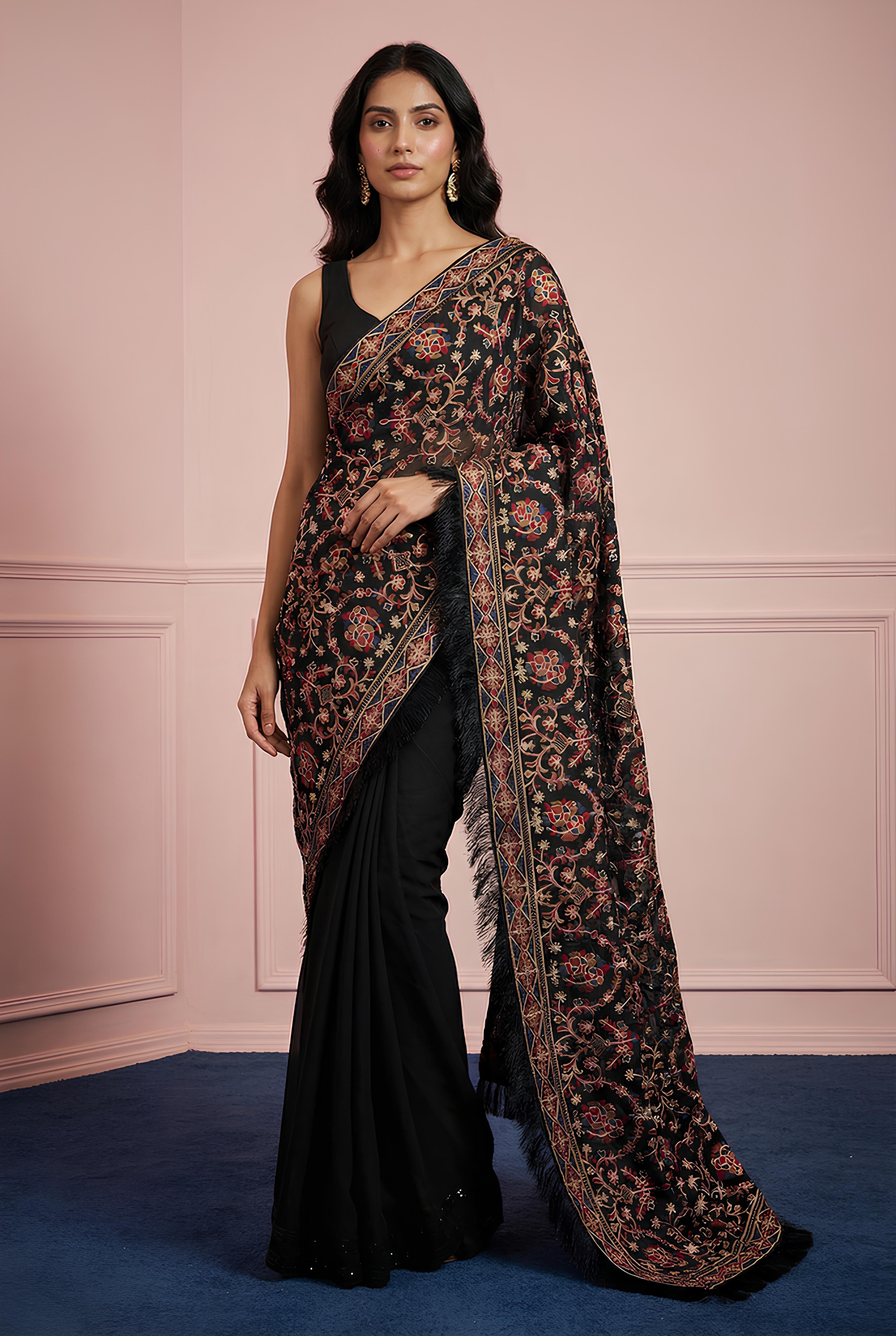 Black Ajrakh Ready Pleated Saree With Blouse