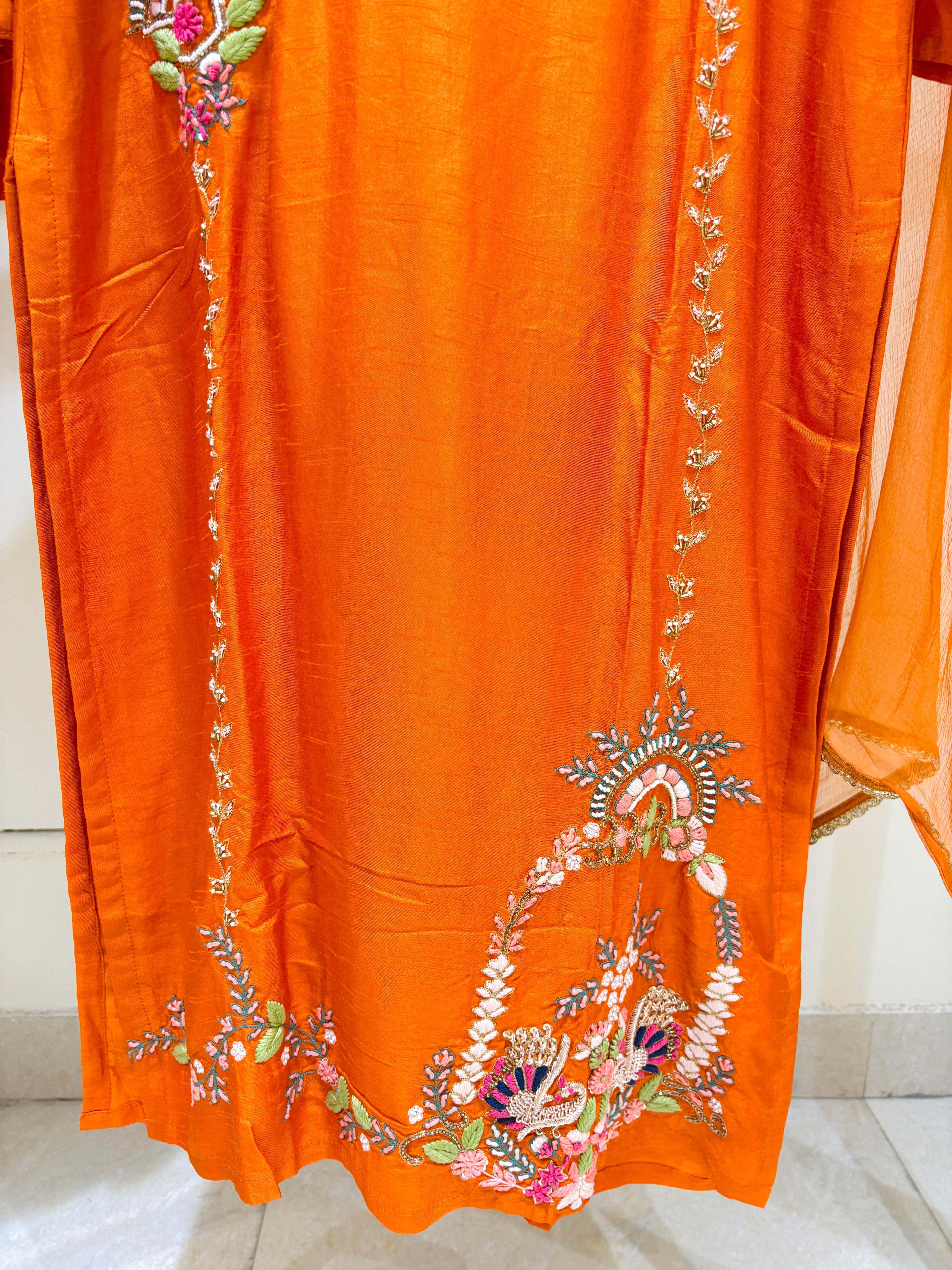 Orange Hand Work Raw Silk Work Salwar Suit