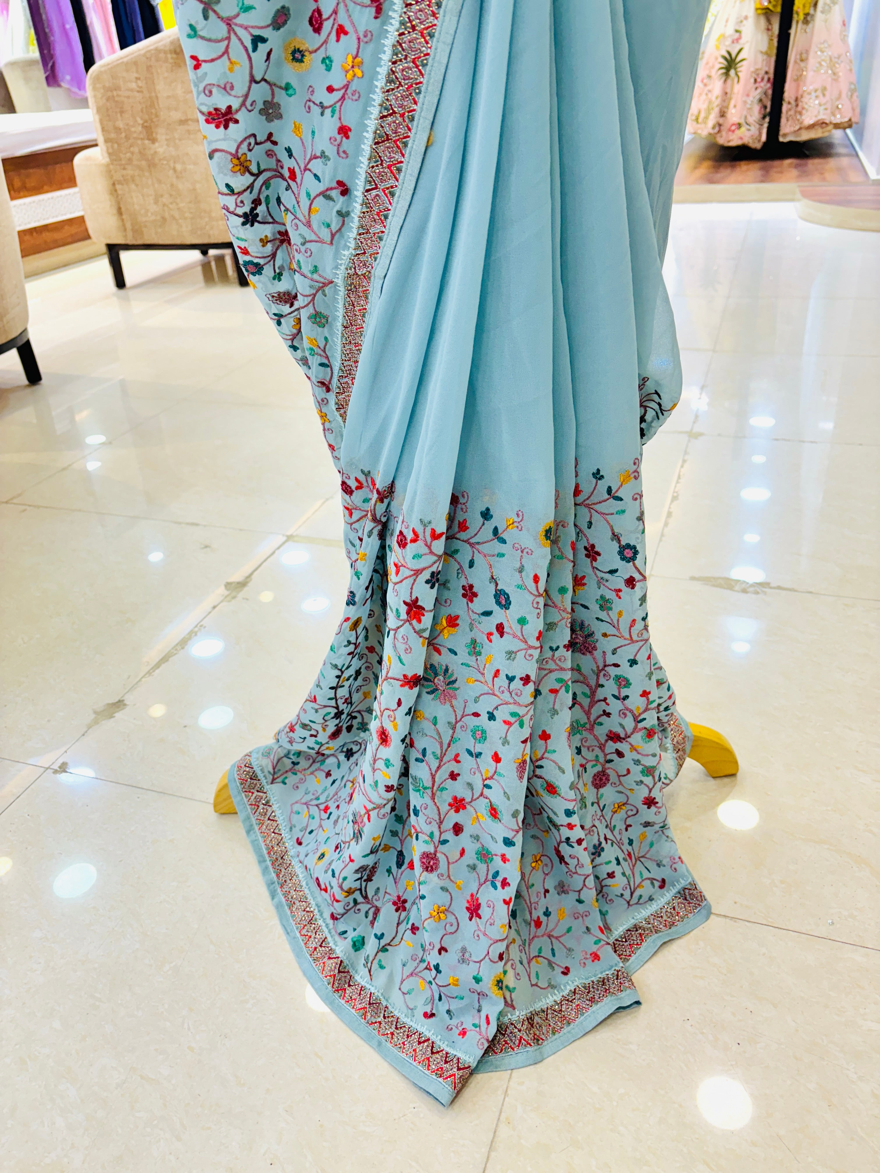 Sky Blue Kashmiri Woven Georgette Saree