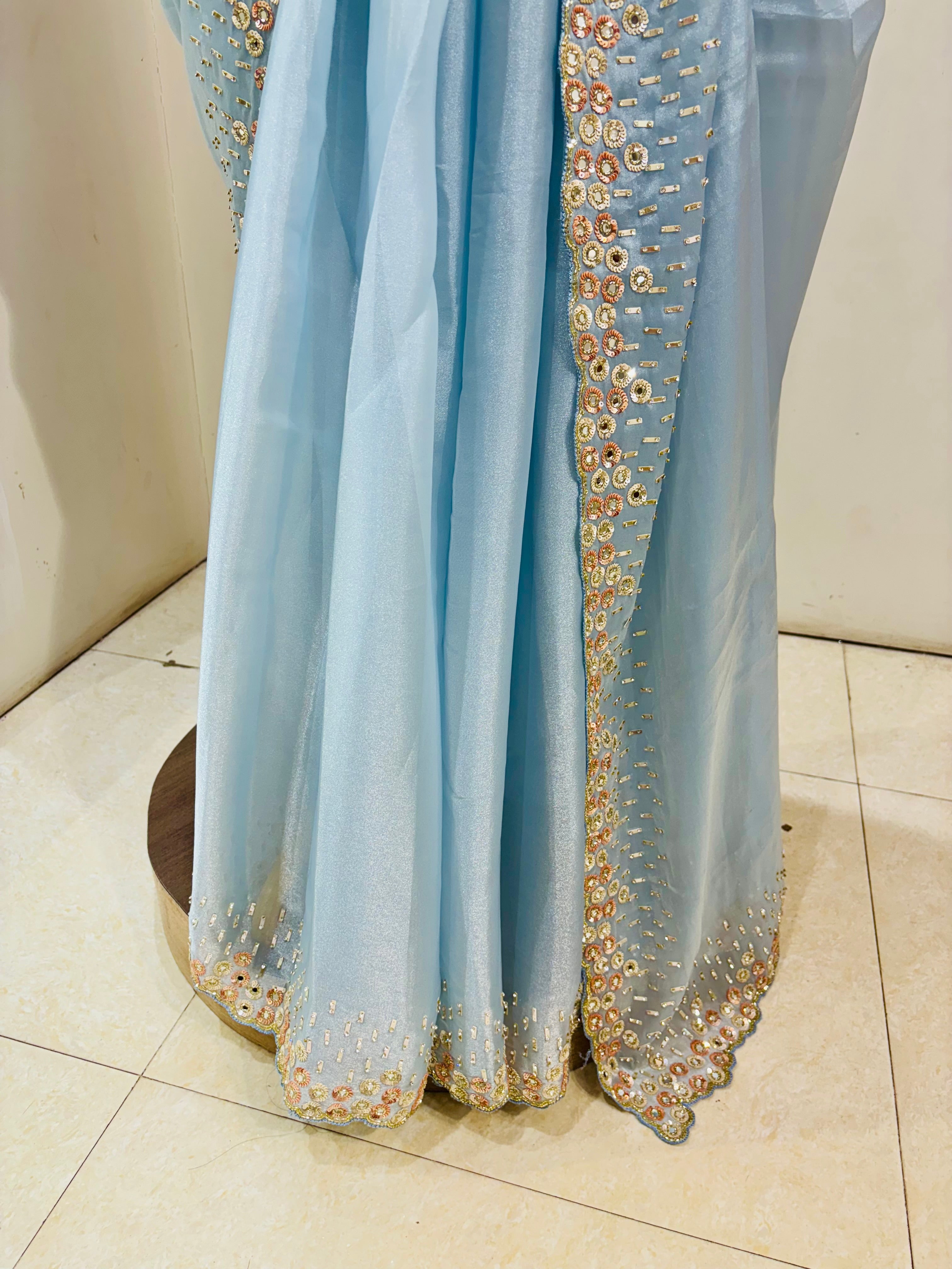 Light Blue Tissue Designer Saree