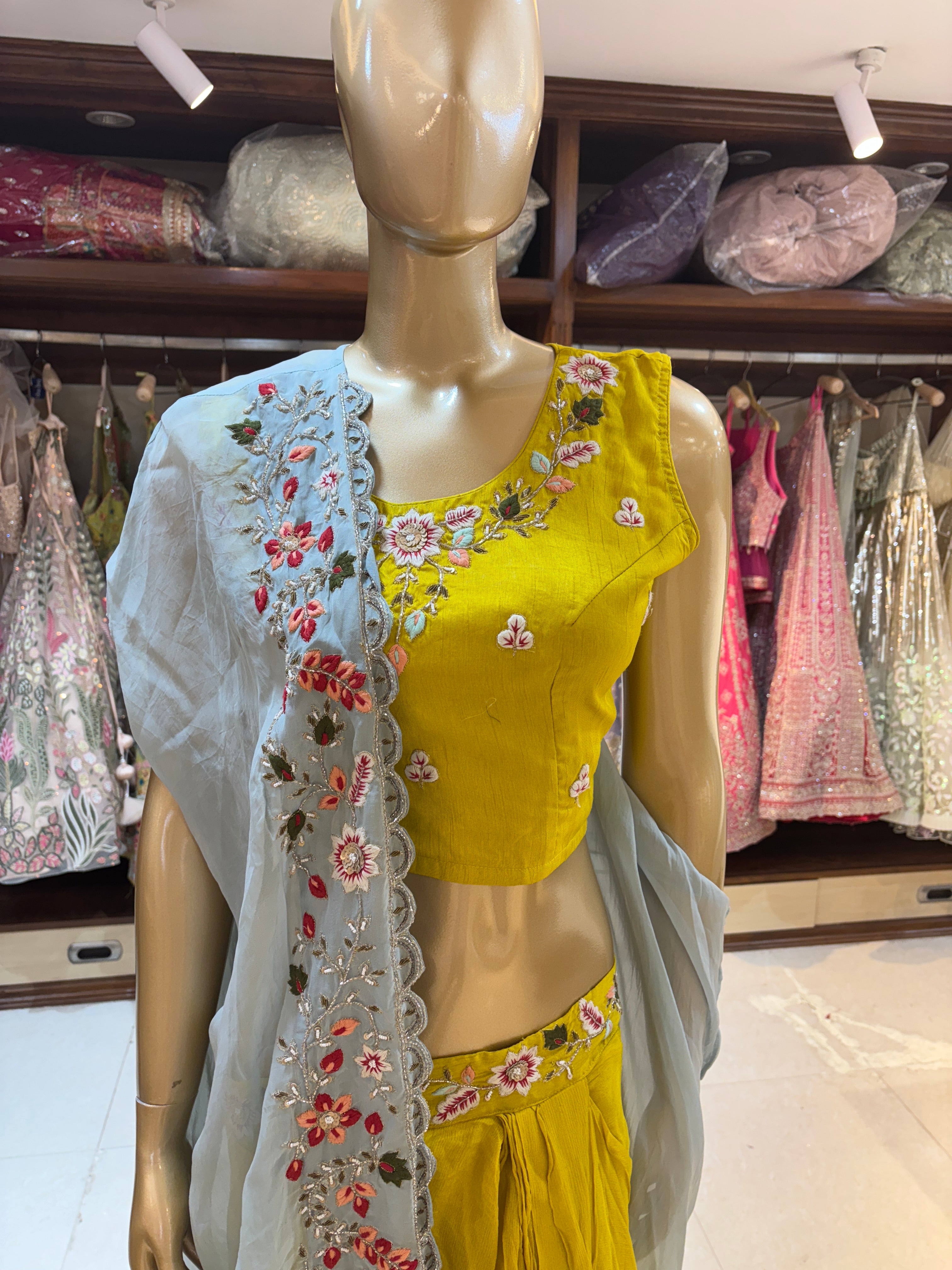 Shaded Grey & Yellow Shrug with dhoti pattern