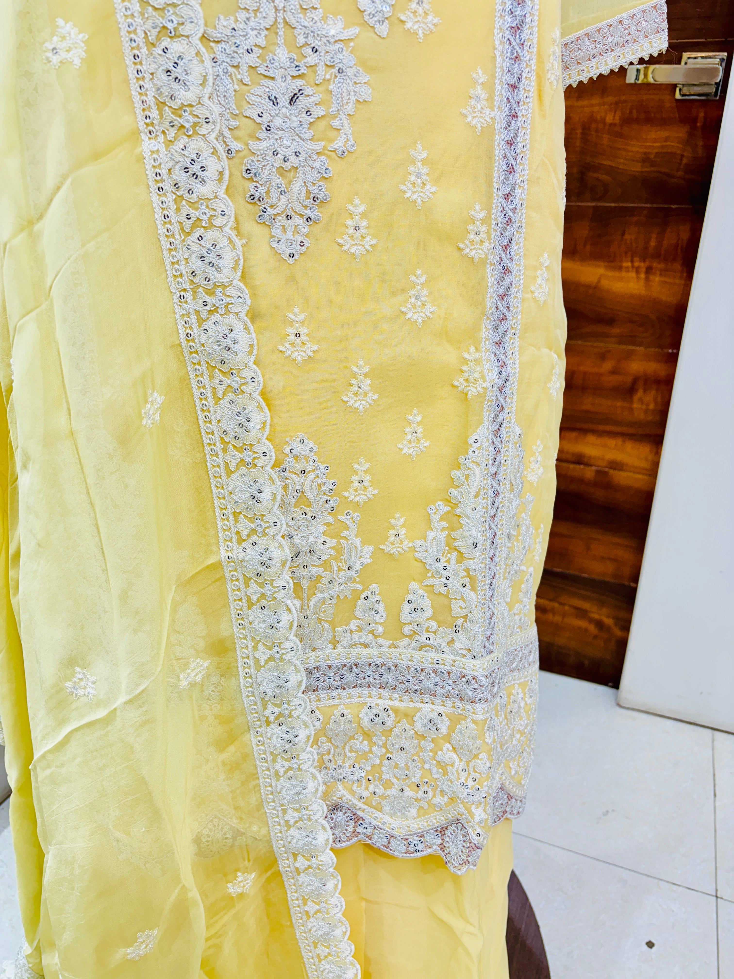 Bright Yellow Embroidered Organza Suit Set