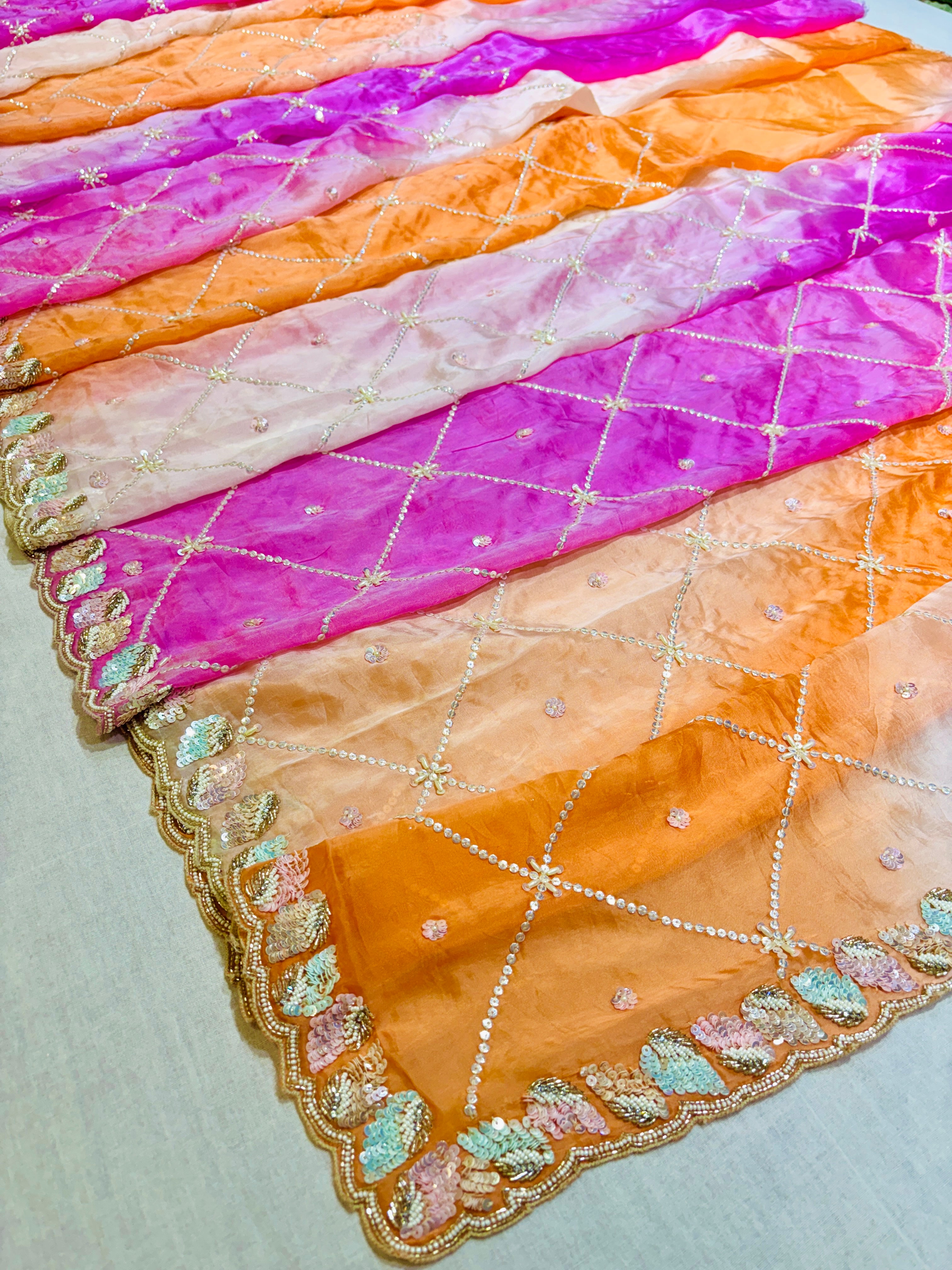 Shaded Pink & Orange Tissue Festive Saree