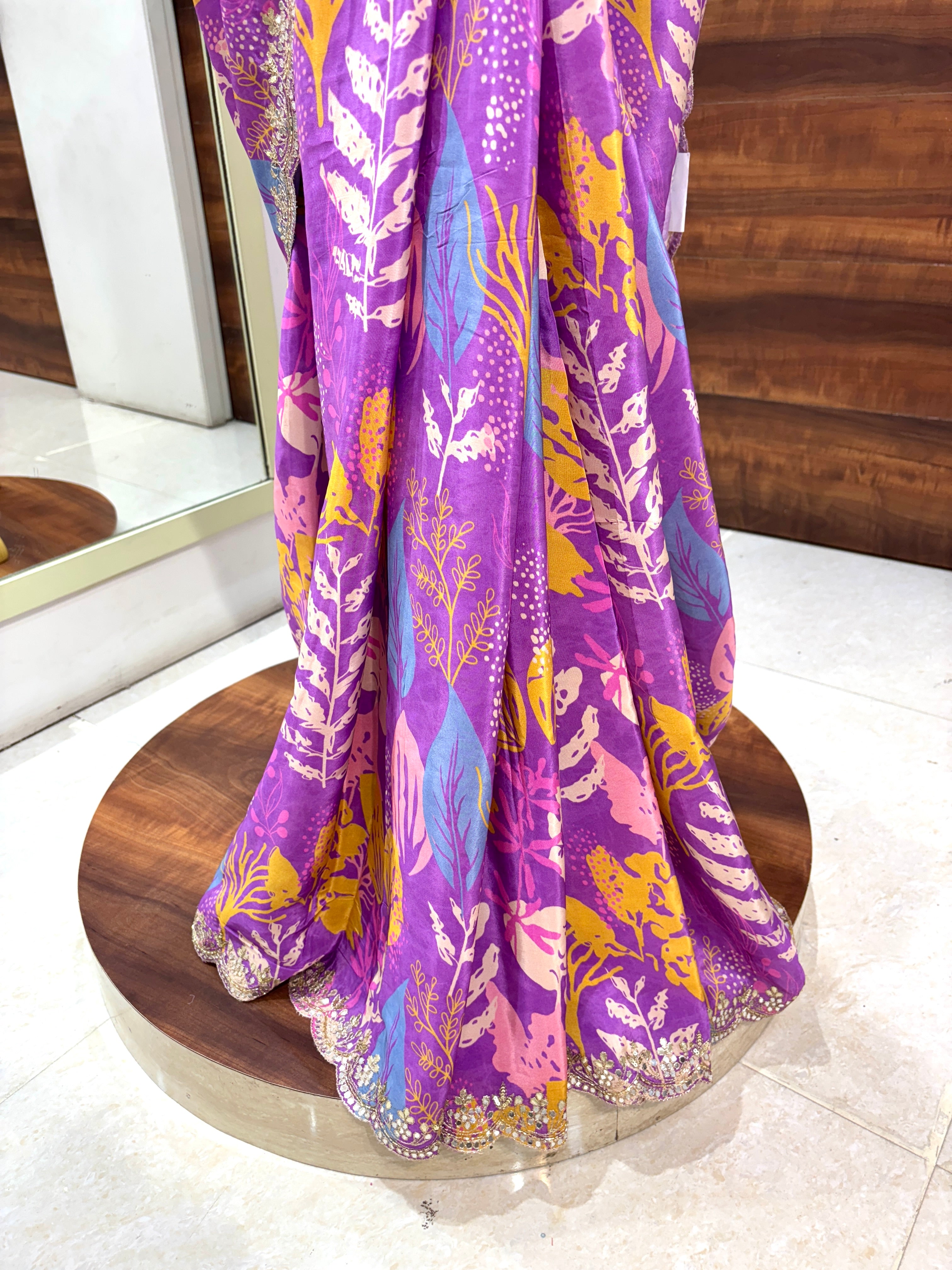 Purple Digital Print Satin Crepe Festive Saree