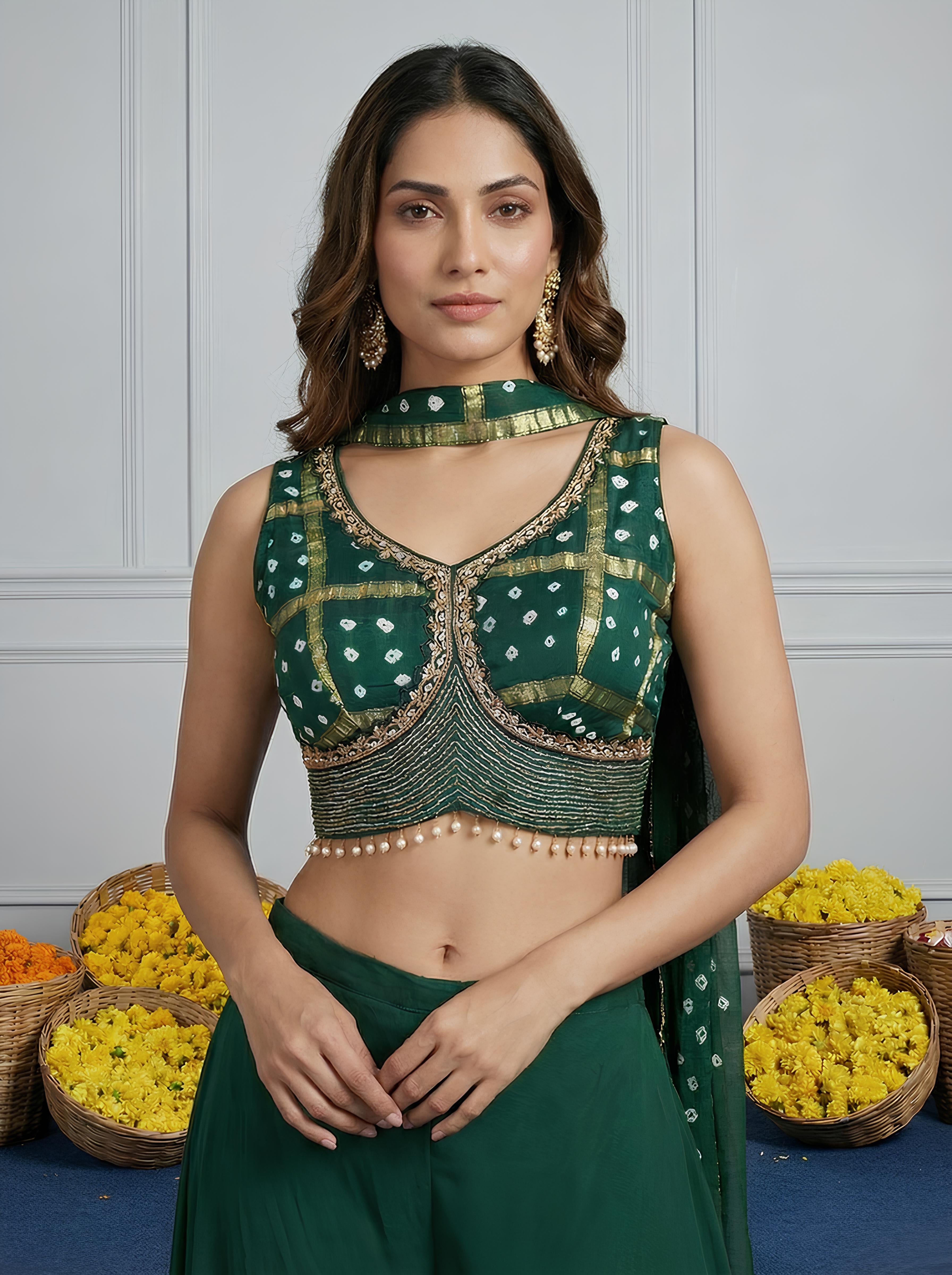 Green Bandhani Embroidered Top With Sharara Suit