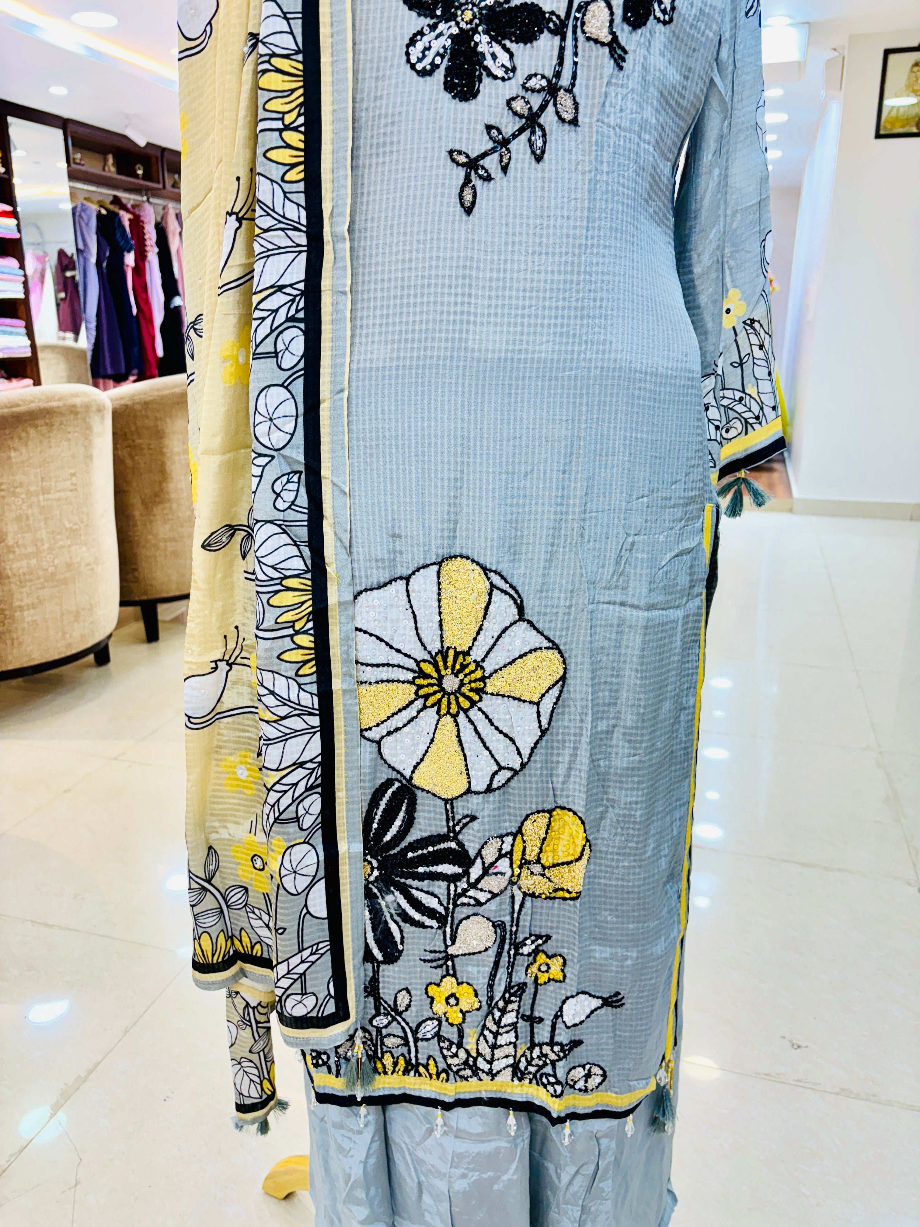 Grey Floral Embellished Salwar Suit With Dupatta